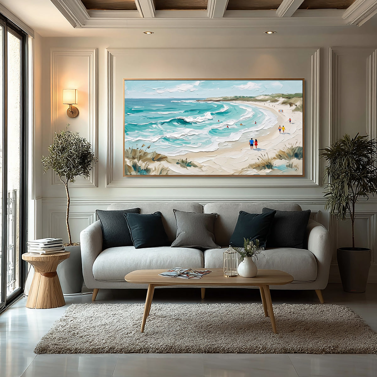 Textured Seaside Landscape Painting Sandy Beach Blue Ocean Waves