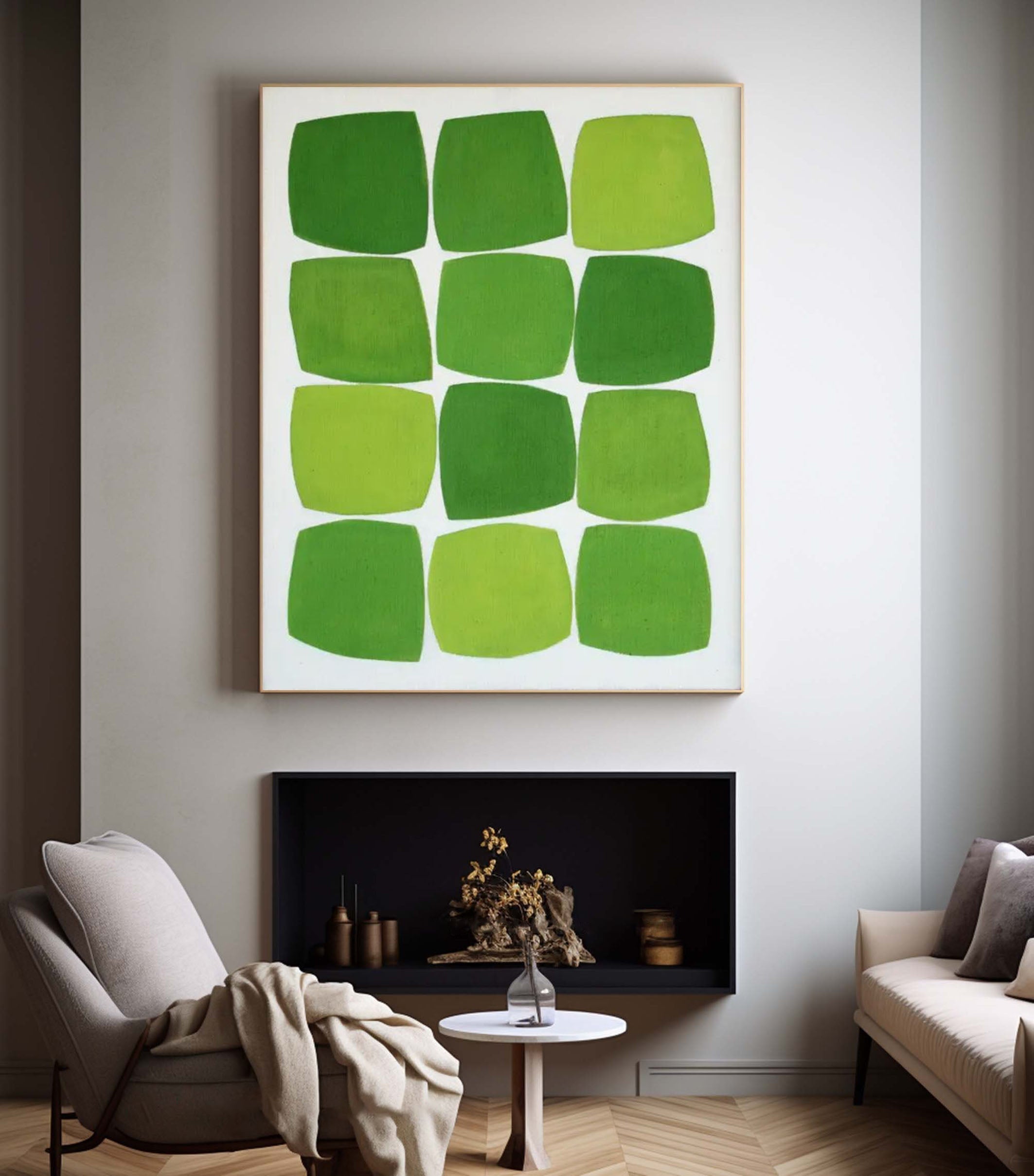 Contemporary Green Squares Abstract Painting Minimalist Design #AB019