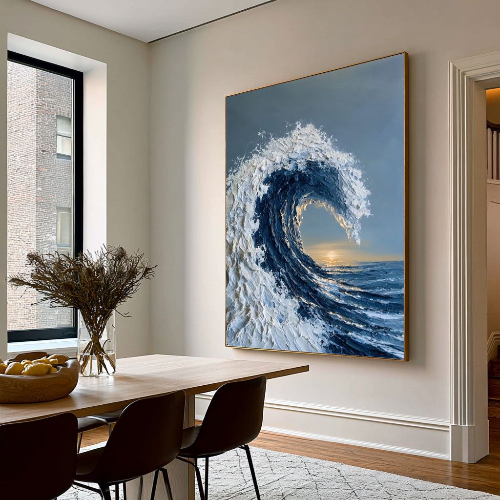 Large Modern Coastal Ocean Wall Art Textured Wave Oil Painting Seascape Cowboy Cowgirl Inspired Vintage Americana Artwork Contemporary Home Decor