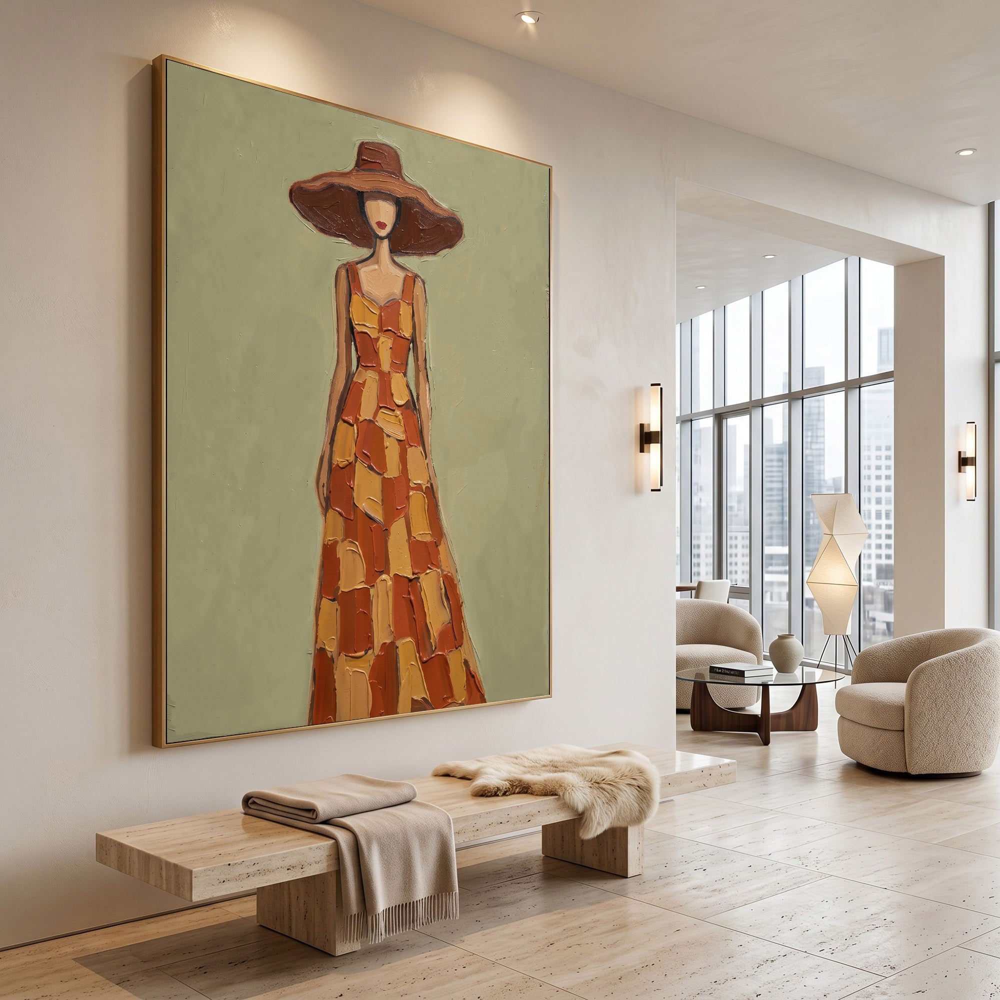 Large Abstract Woman Portrait Wall Art Oil Painting Cowgirl Cowboy Vintage Americana Art Western Girl Fashion Decor Modern Home