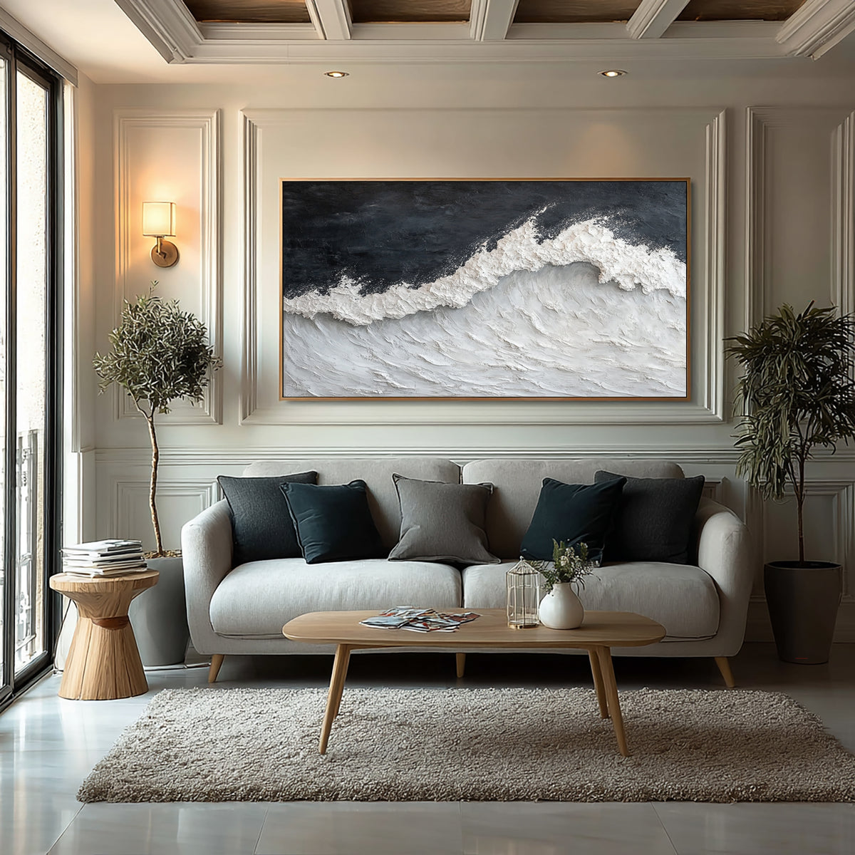 Stormy Sea Waves Textured Coastal Artwork Handmade Ocean Painting Gray White Contemporary Wall Decor