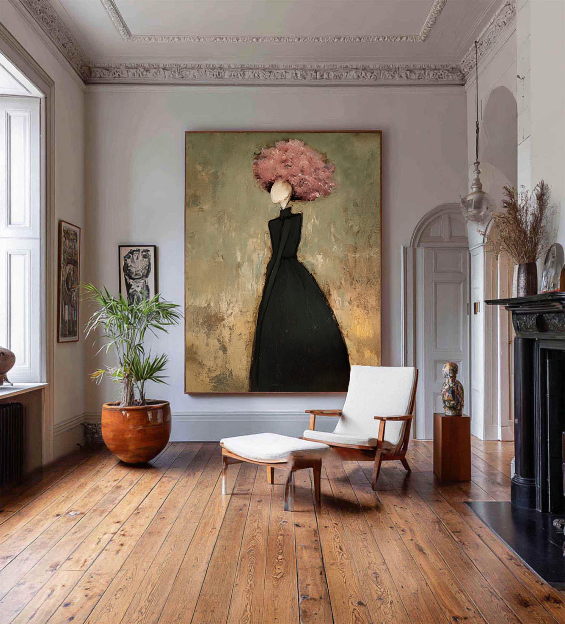 Large Woman Silhouette Wall Art Floral Oil Painting Modern Abstract Black Dress Contemporary Interior Decor