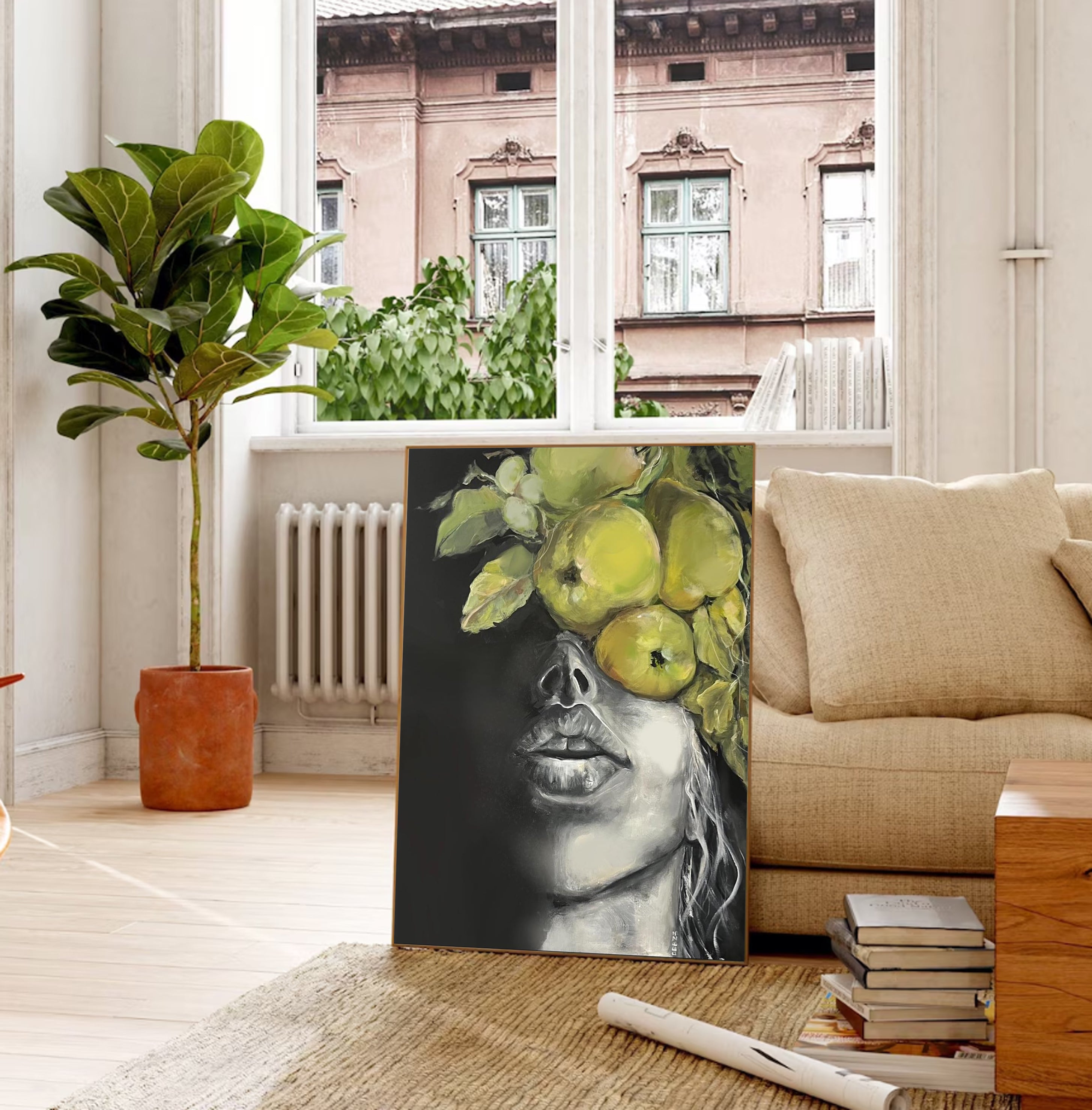 Handmade Portrait Oil Art with Yellow Fruit #HF006