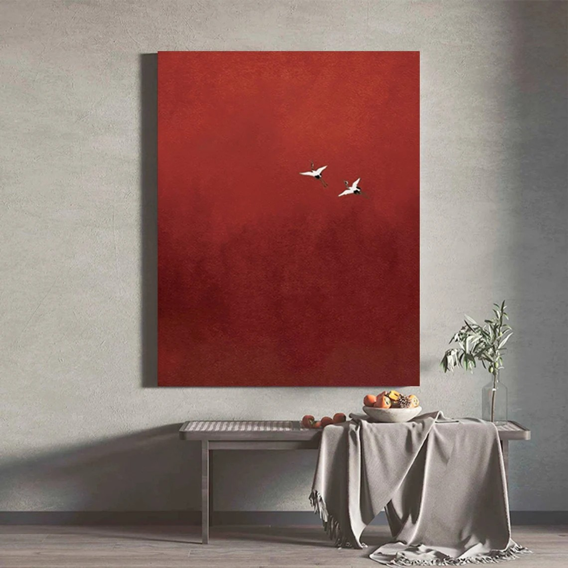 Serene Red Abstract with Birds Symbolic Minimalist Art #MM241