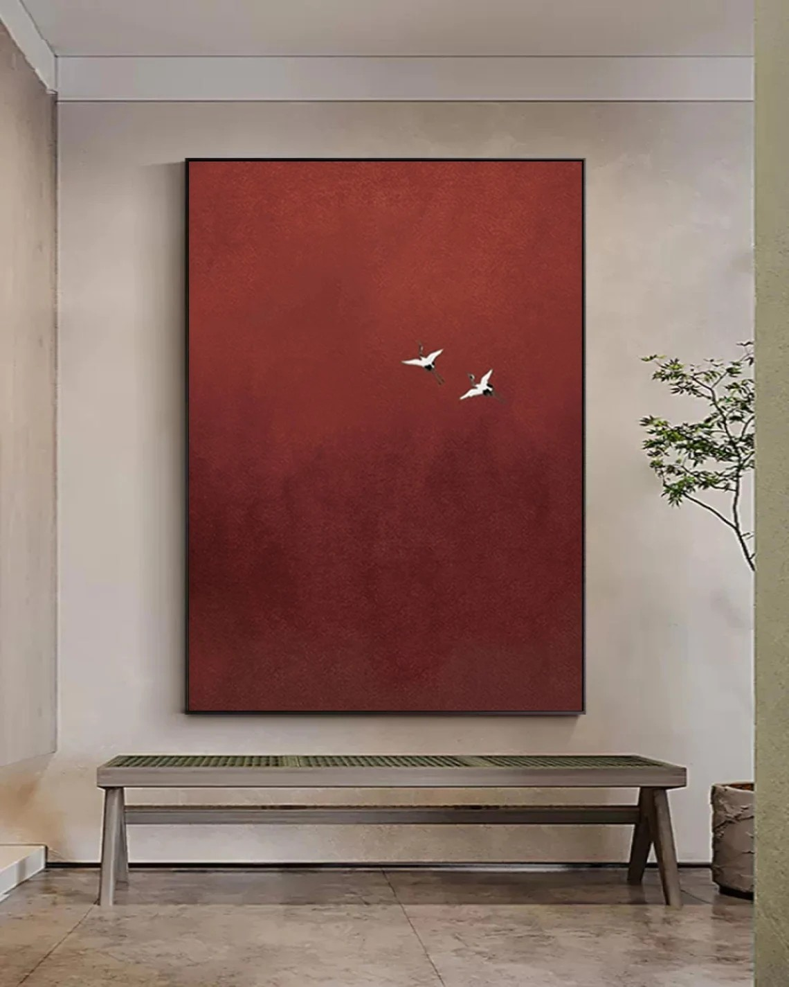 Serene Red Abstract with Birds Symbolic Minimalist Art #MM241