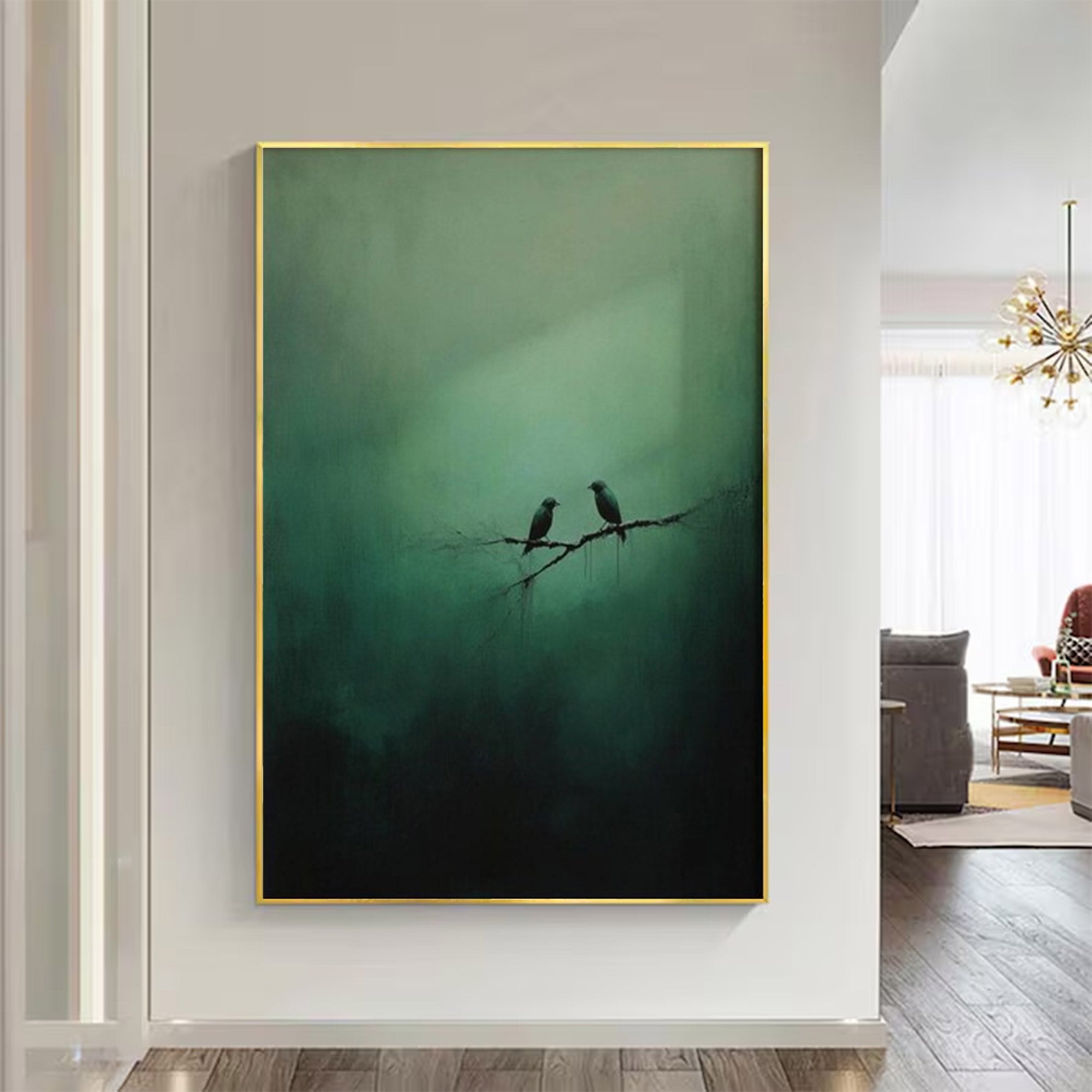 Large Green Painting with Birds | KelorArt #AG 101