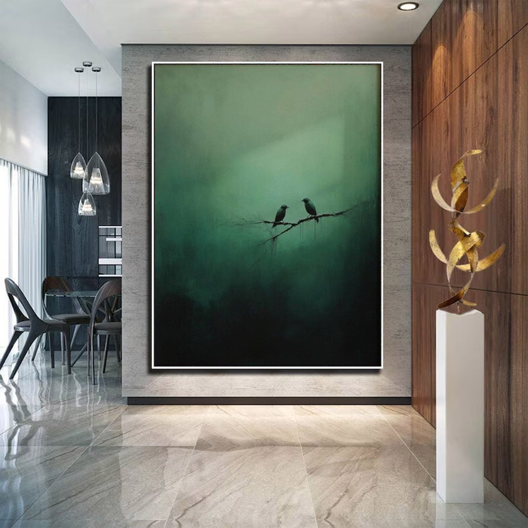 Large Green Painting with Birds | KelorArt #AG 101