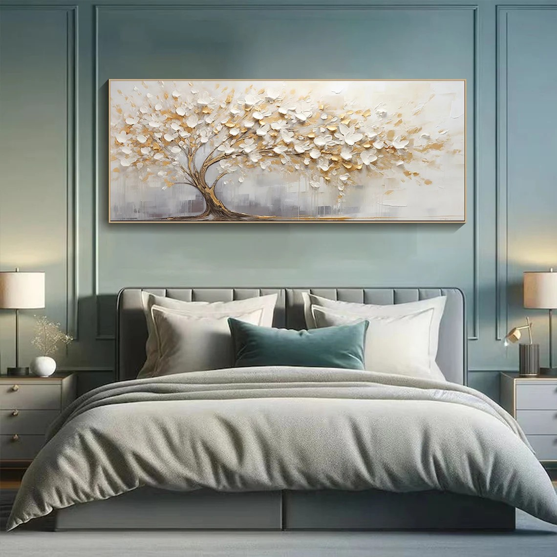 Golden Blossom Tree Oil Painting, Textured Floral Art, Modern Home Decor #MM377