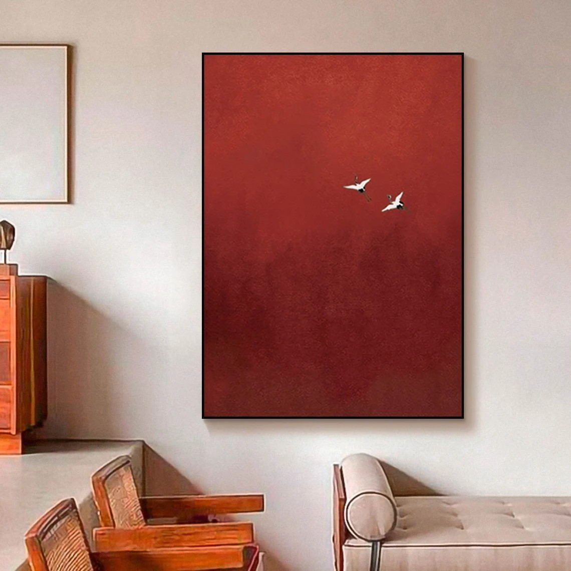 Serene Red Abstract with Birds Symbolic Minimalist Art #MM241