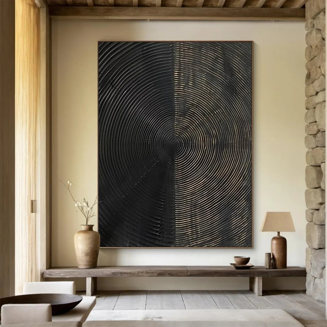 Large Modern Circular Black & Gold Abstract Wall Art #MM210