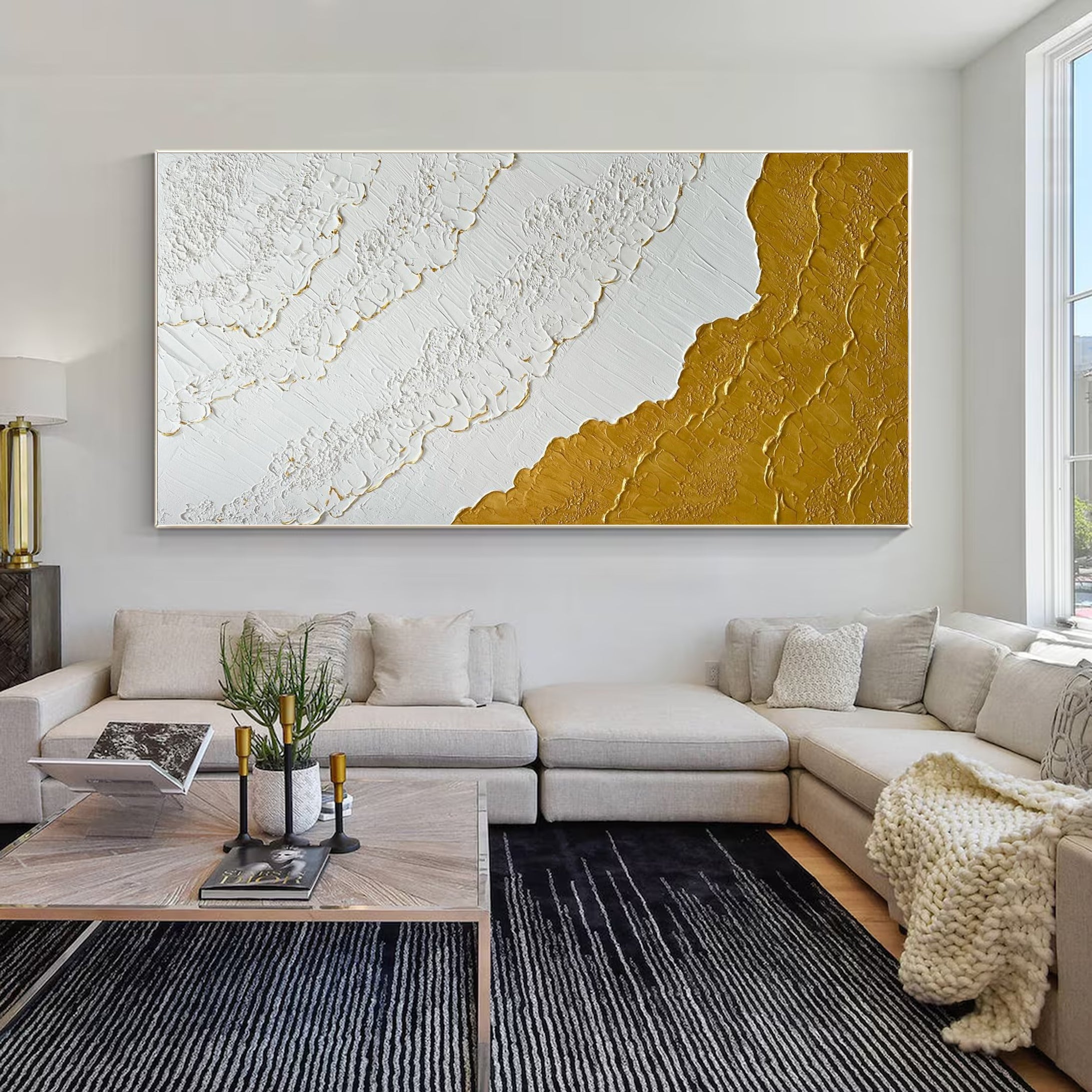 Modern Textured Wall Art Gold Highlights on White Canvas #MM038