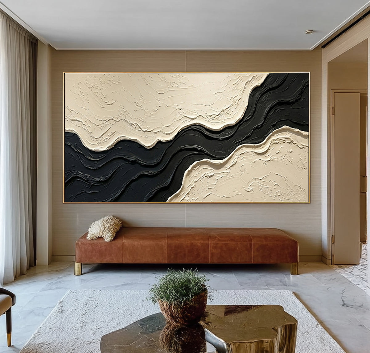 Large Architectural Textured Abstract Wall Art Black Ivory Oil Painting Contemporary Luxury Interior Design Artwork