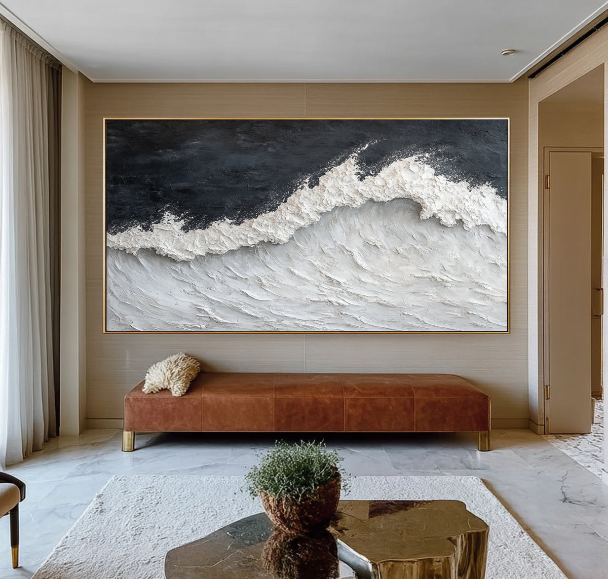 Stormy Sea Waves Textured Coastal Artwork Handmade Ocean Painting Gray White Contemporary Wall Decor