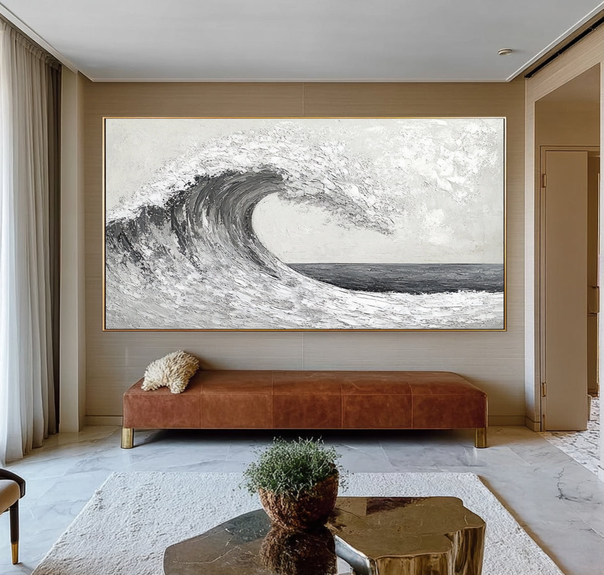 Wave In Motion Textured Ocean Artwork Handmade Monochrome Seascape Large Coastal Wall Painting Modern Decor
