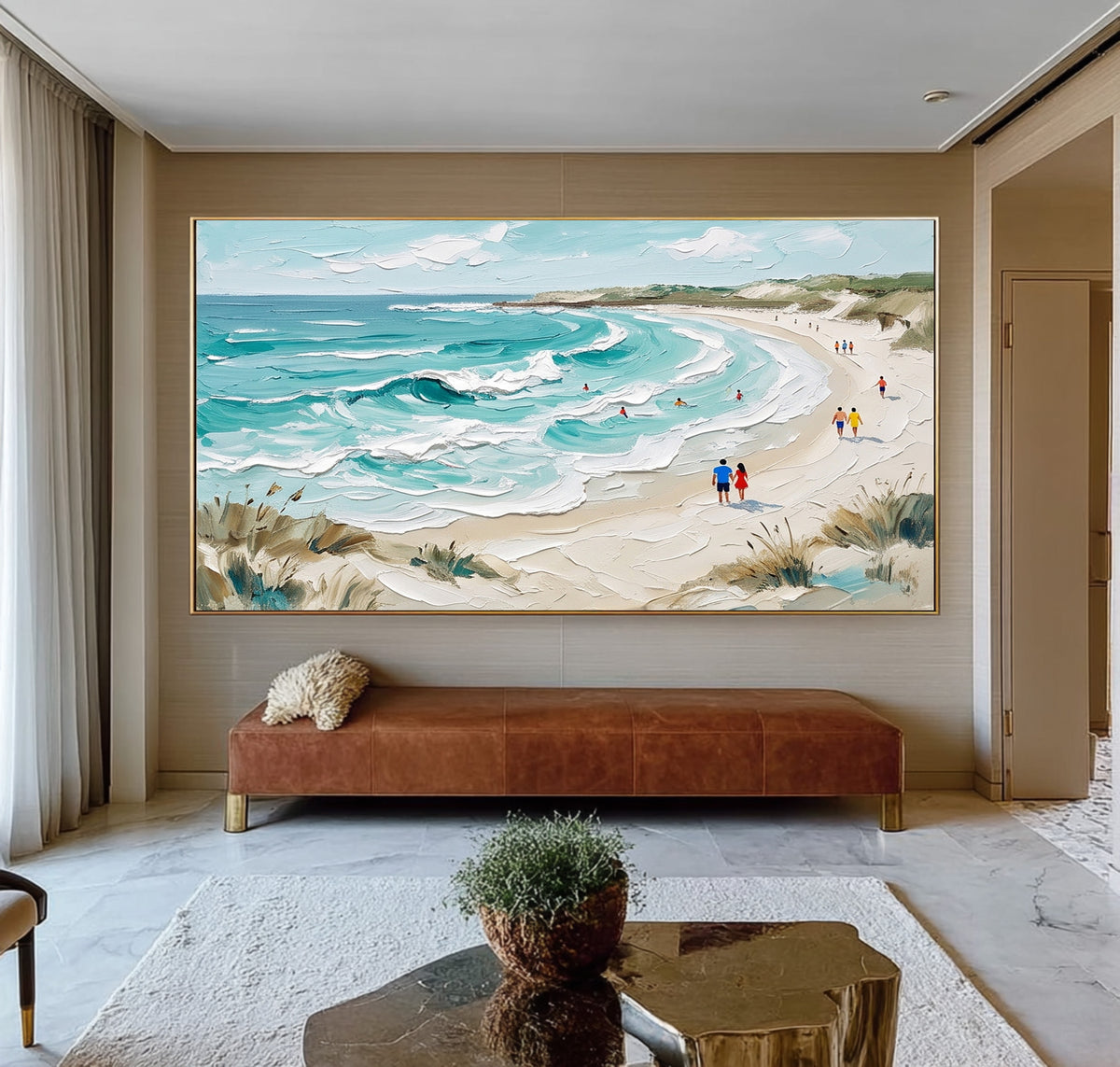 Textured Seaside Landscape Painting Sandy Beach Blue Ocean Waves
