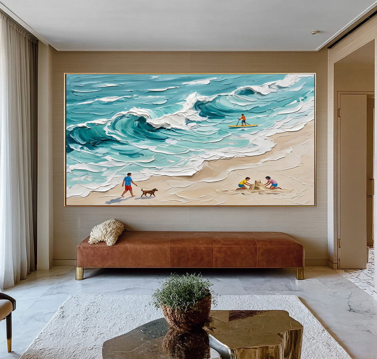 Large Textured Oil Painting Family Beach Scene Turquoise Ocean Coastal Art