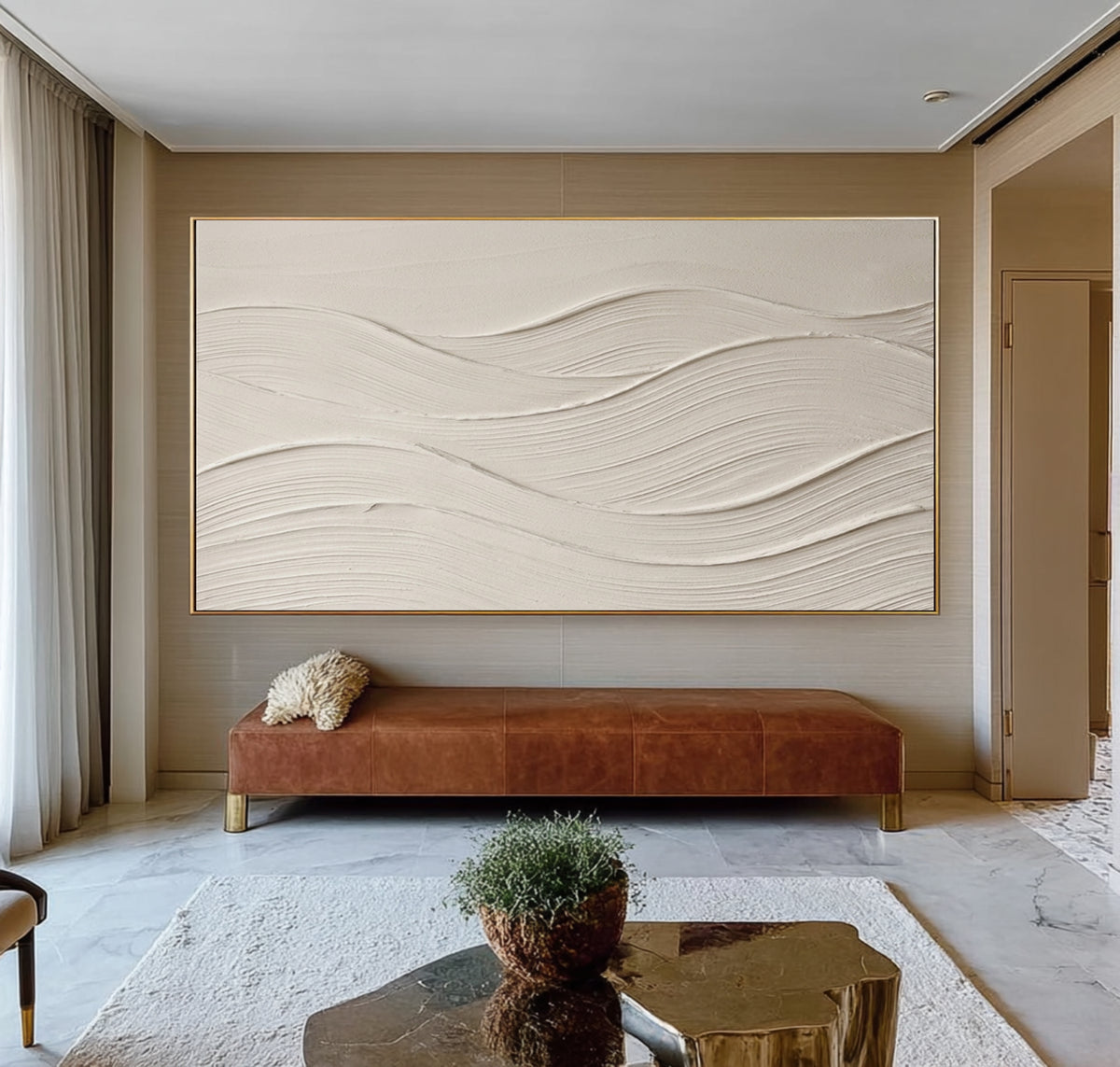 Large Modern Abstract Flowing Waves Wall Art White Textured Oil Painting Minimalist Neutral Coastal Artwork Contemporary Home Decor 