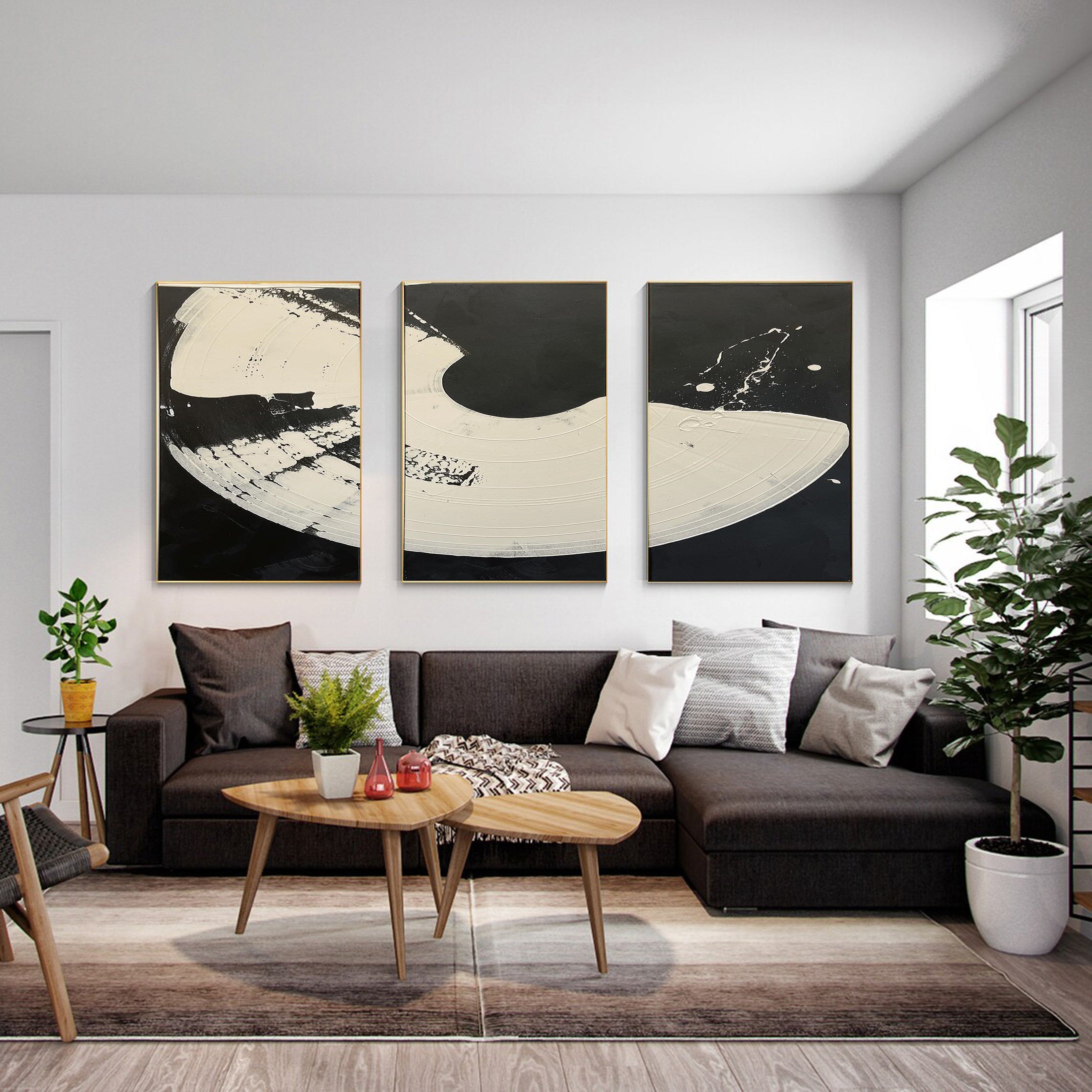 Bold Brushstroke Black and White Triptych Wall Decor #MMS064