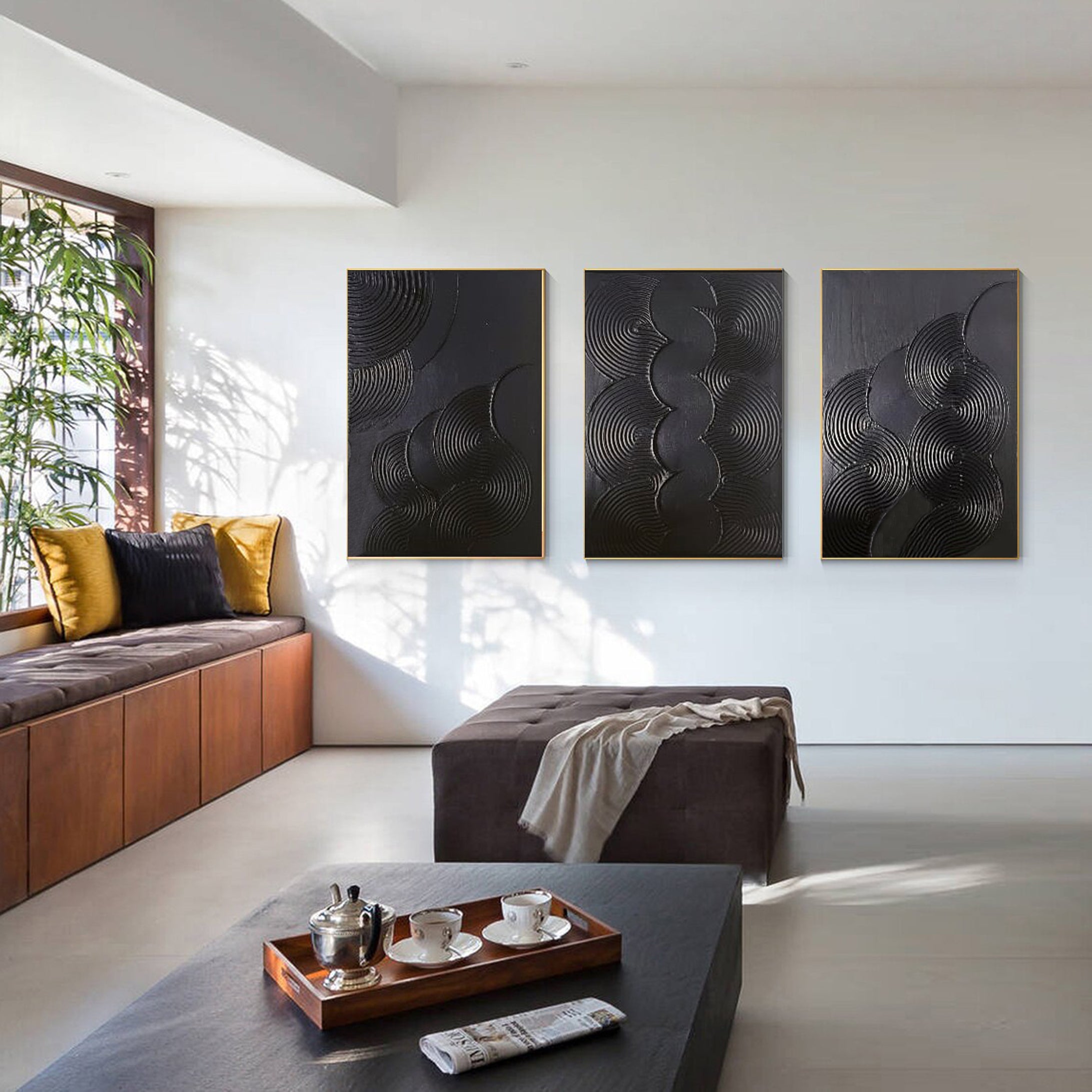 Modern Black Textured Geometric Triptych Wall Art #MMS063