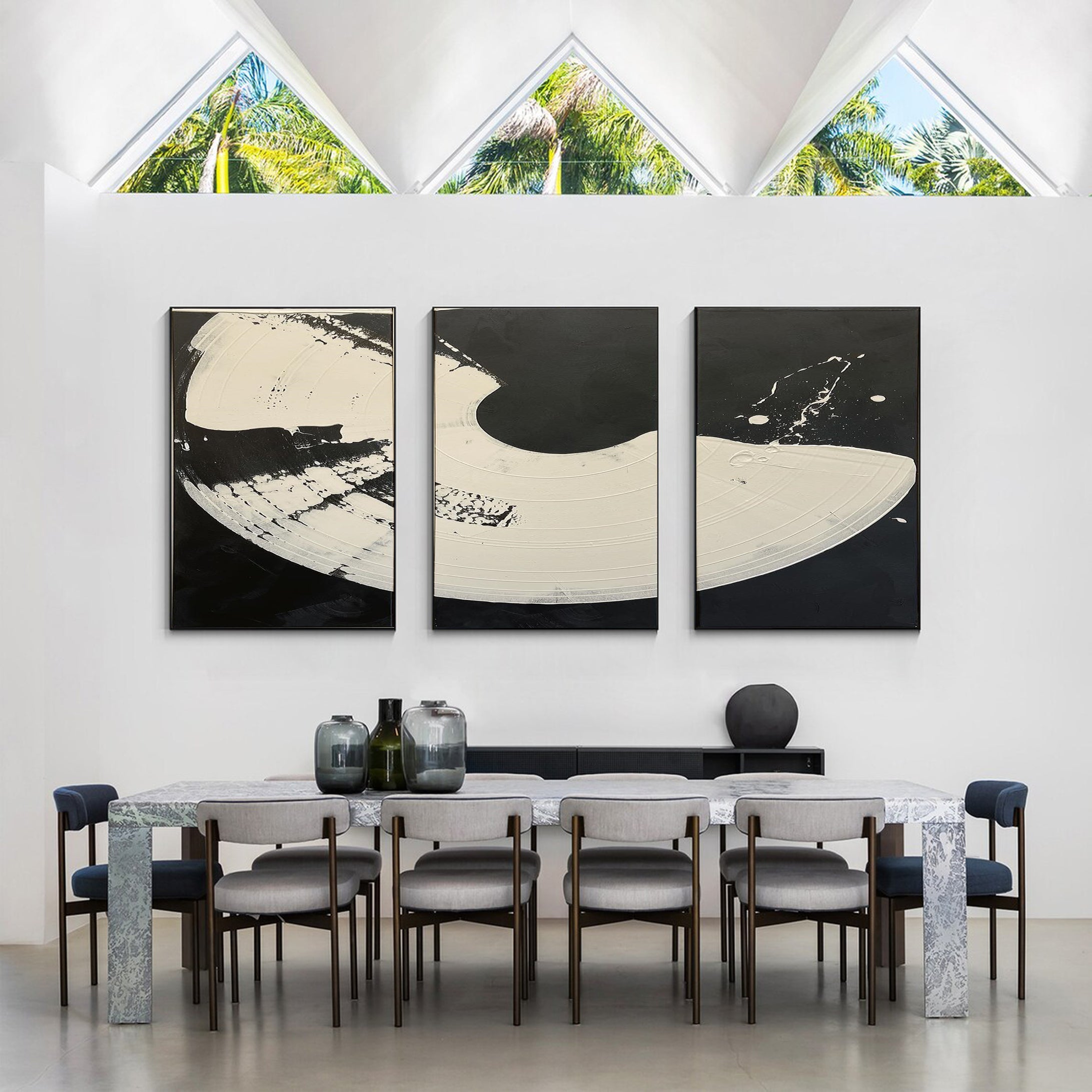 Bold Brushstroke Black and White Triptych Wall Decor #MMS064