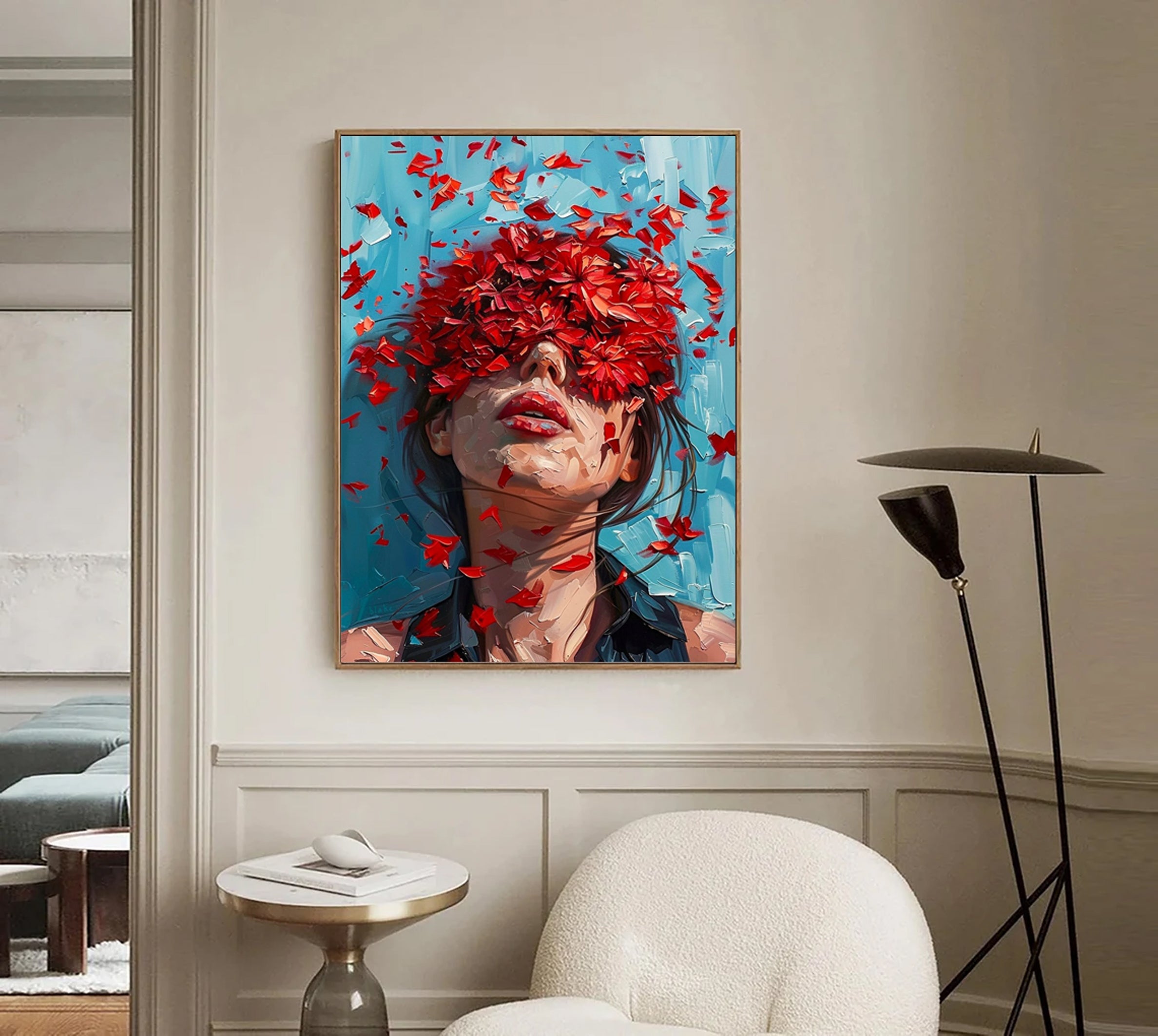 Red Blossoms Art Modern Abstract Female Portrait #HF009