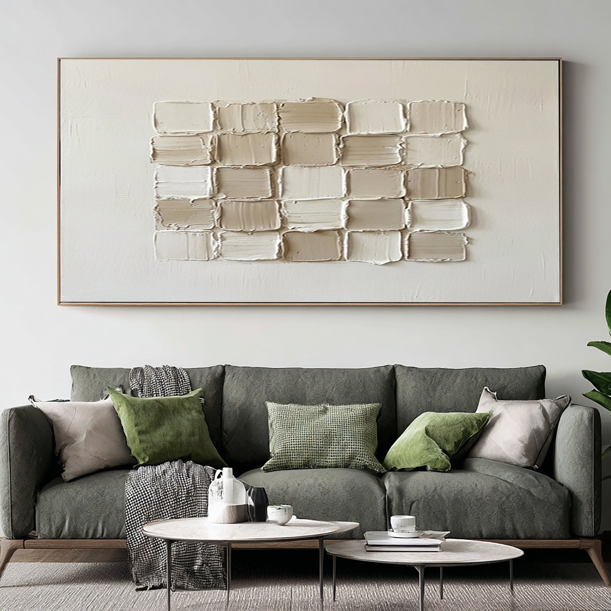 Large Ivory Textured Canvas Art Contemporary Geometric Wall Decor