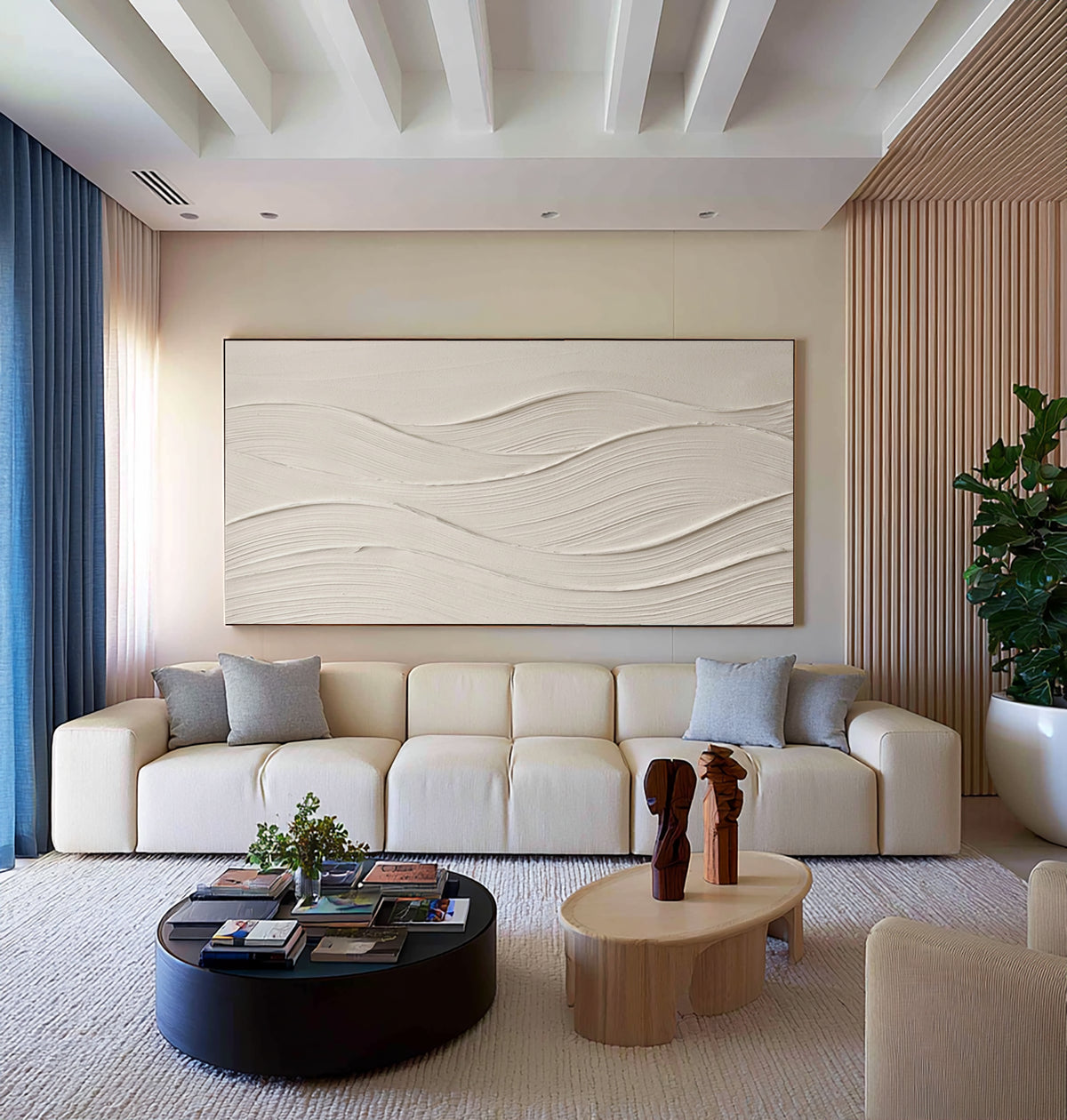 Large Modern Abstract Flowing Waves Wall Art White Textured Oil Painting Minimalist Neutral Coastal Artwork Contemporary Home Decor 