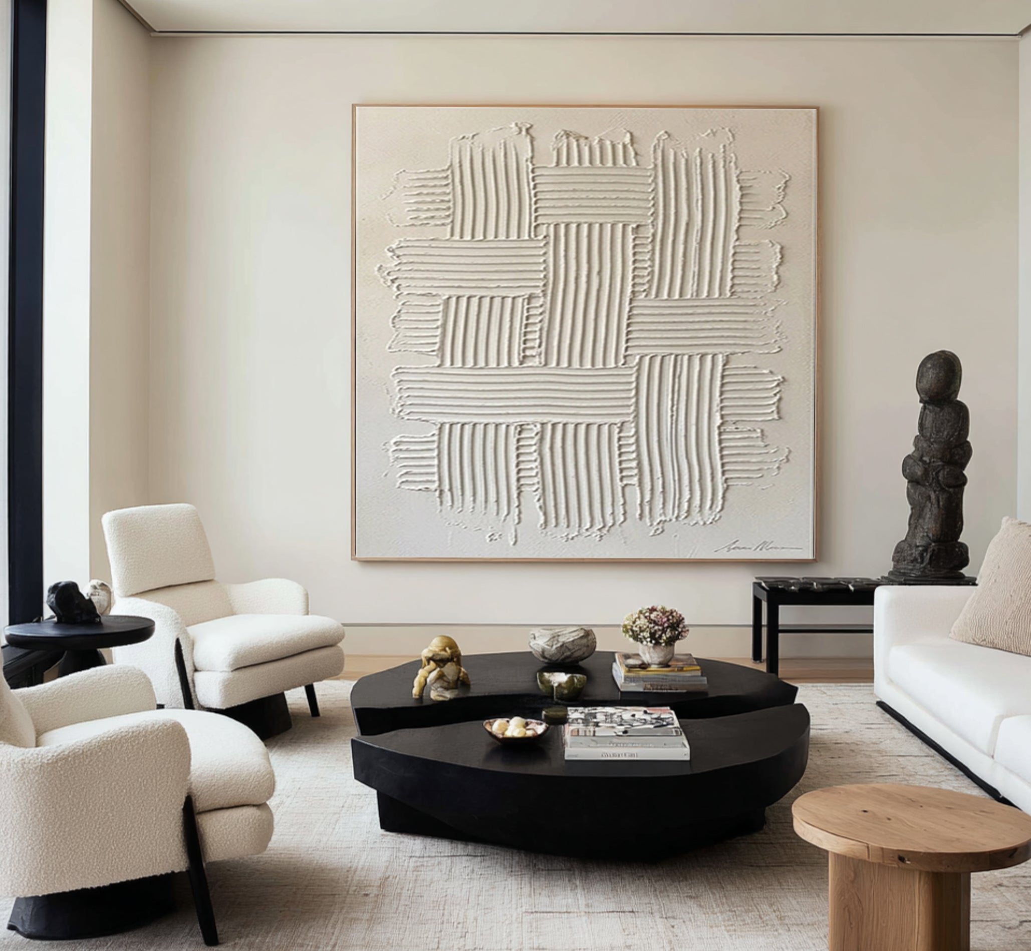 Large Modern Woven Wall Art Hand Painted Textured Neutral Canvas