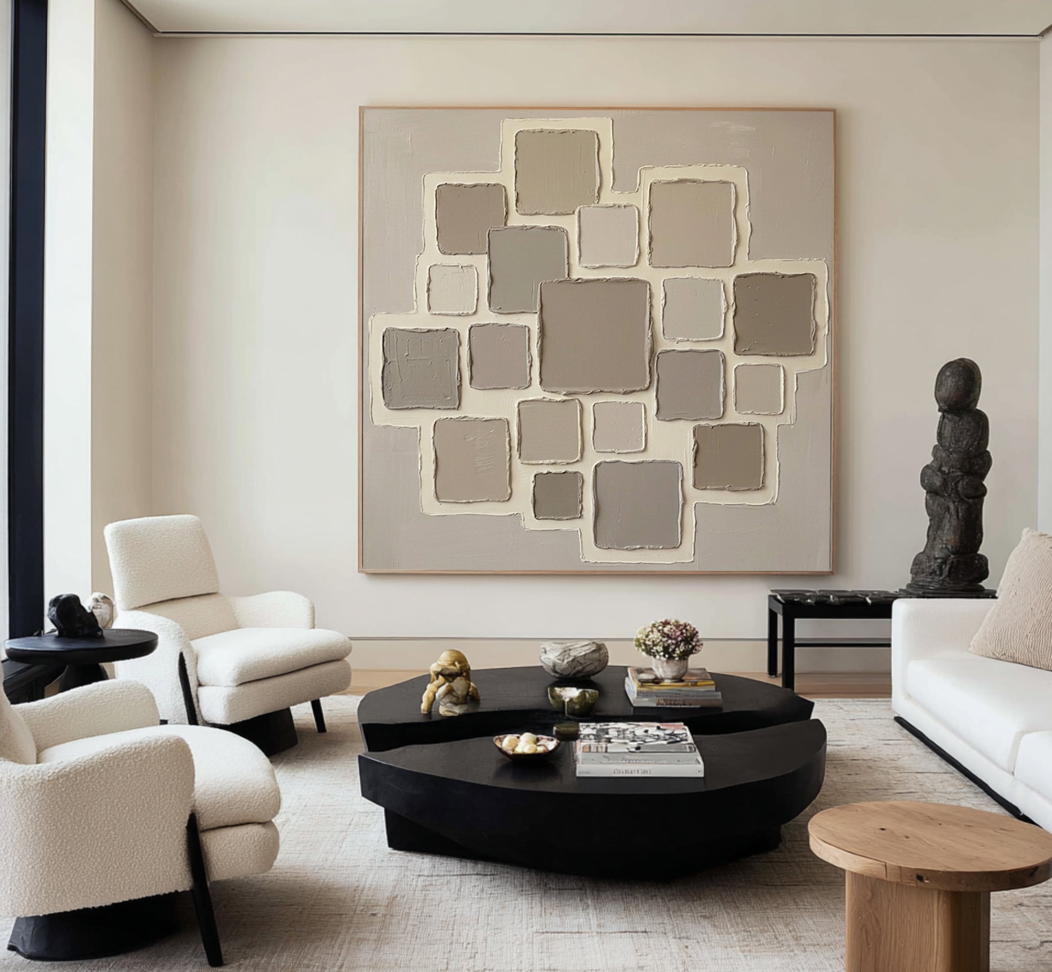 Large Minimalist Beige Oil Painting – Luxury Neutral Texture Canvas Art