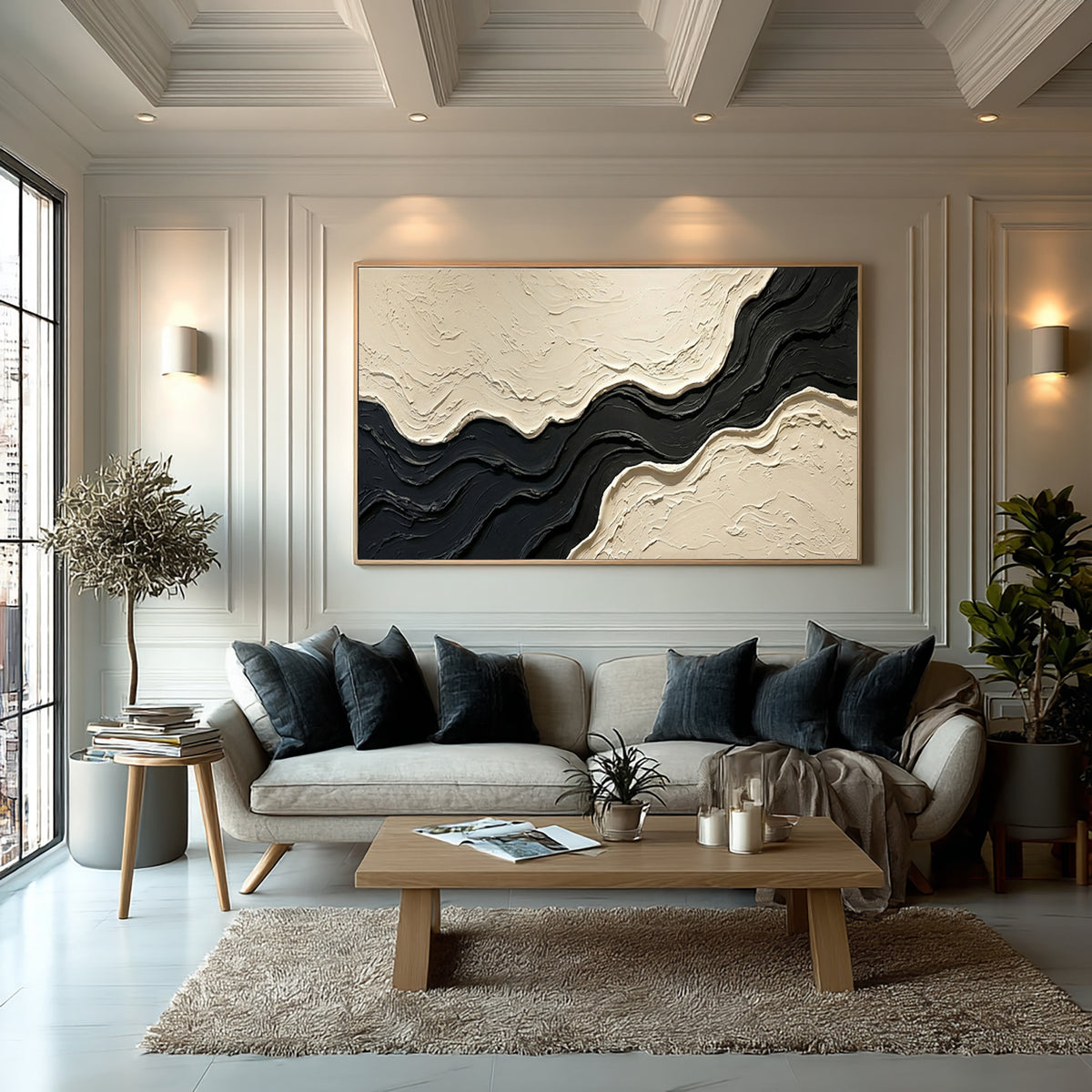 Large Architectural Textured Abstract Wall Art Black Ivory Oil Painting Contemporary Luxury Interior Design Artwork