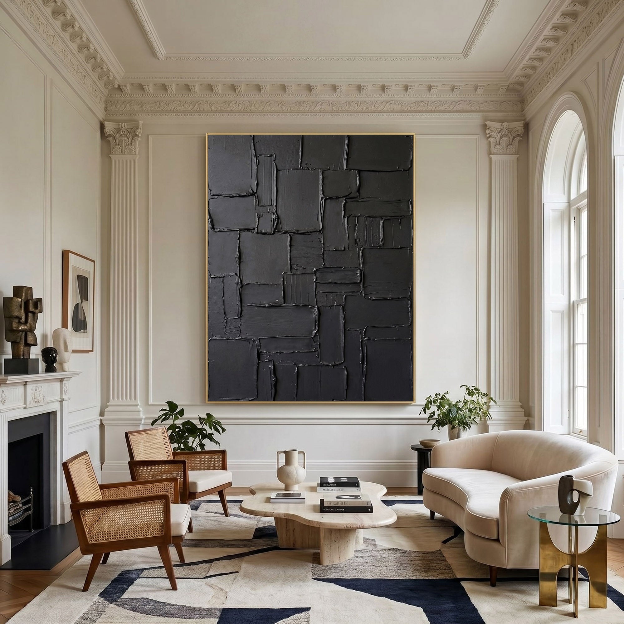 Modern Black Abstract Wall Art Textured 3D Relief Canvas Painting Architectural Minimalist Decor