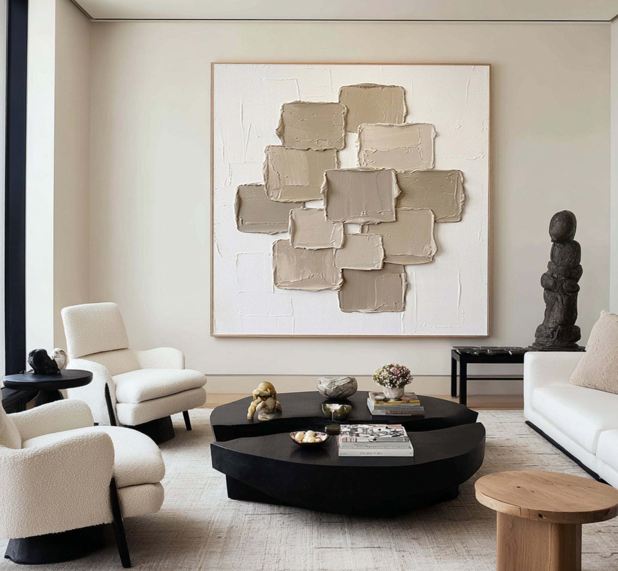 Large Contemporary Textured Wall Art Beige Geometric Canvas