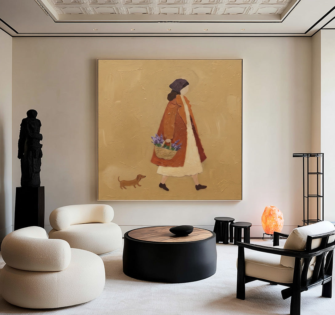 A Stroll Through The Countryside Woman Walking Dog Original Figurative Painting Warm Rustic Wall Art