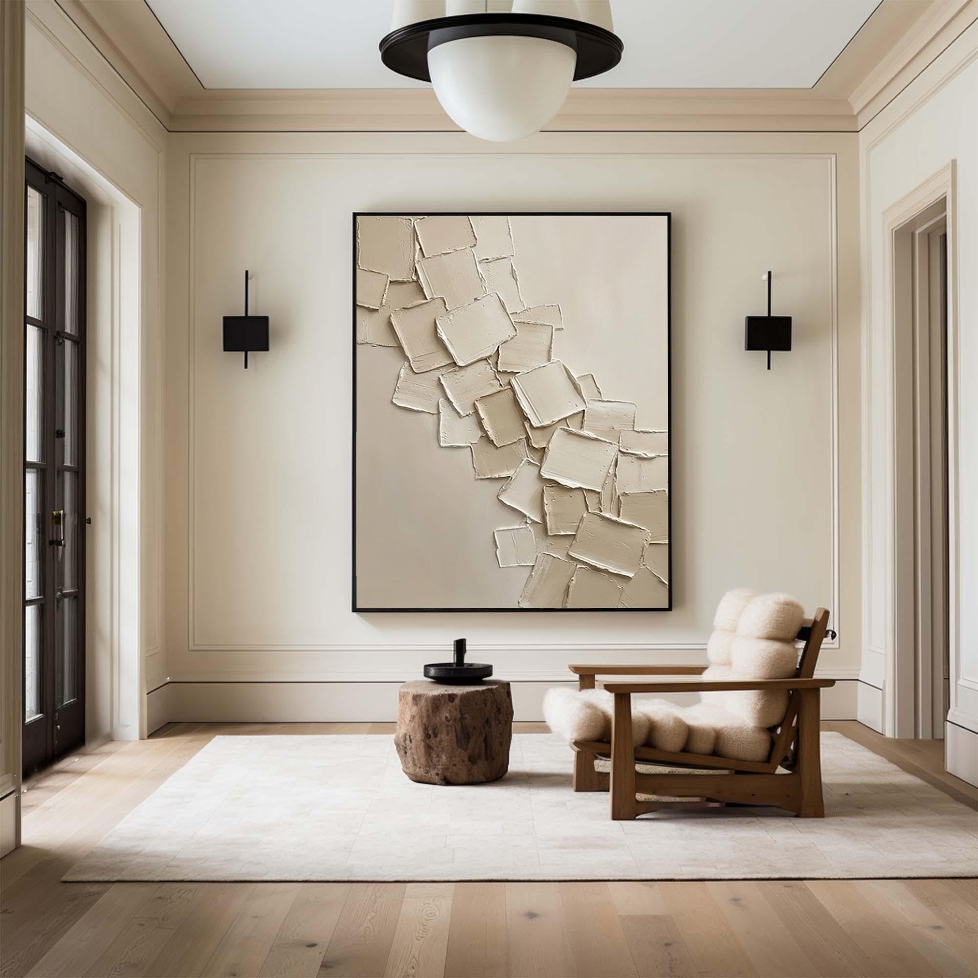 Large Minimalist Neutral Oil Artwork – Hand Painted Beige Texture Wall Decor