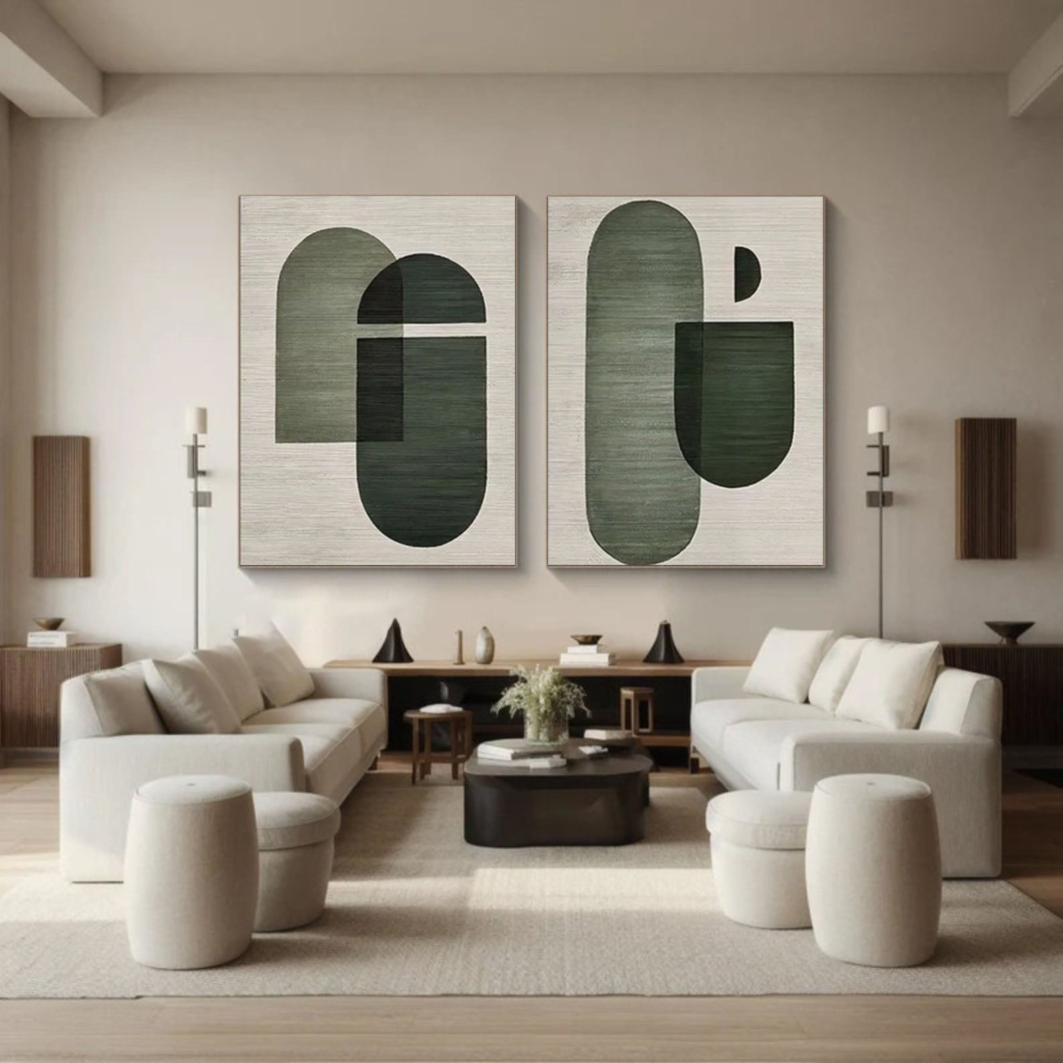 Geometric Minimalist Canvas Set Neutral and Green Art #MMS066