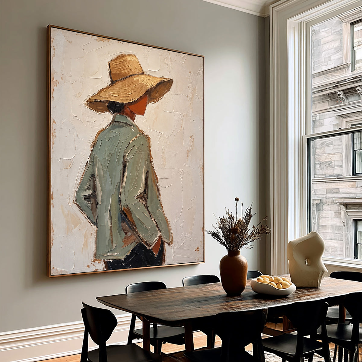 Modern Woman Straw Hat Figurative Painting Contemporary Wall Art