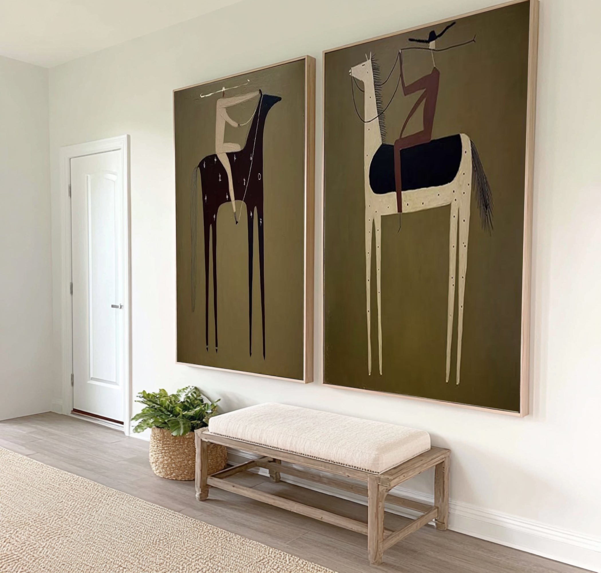 Large Luxury Horse Rider Canvas Art Contemporary Neutral Diptych Painting