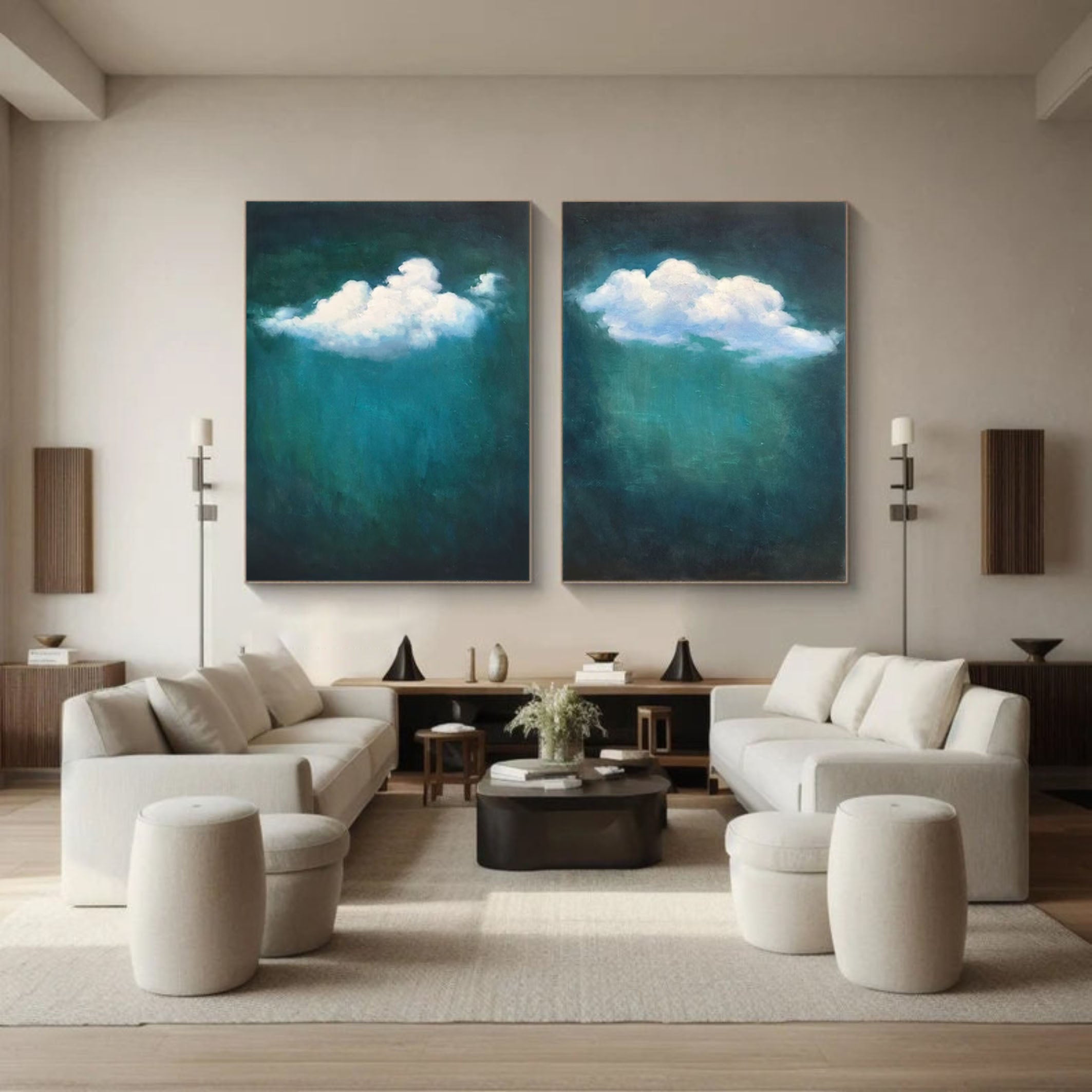 Serene Floating White Cloud Wall Art for Chic Living Spaces Set Of 2 #SP002