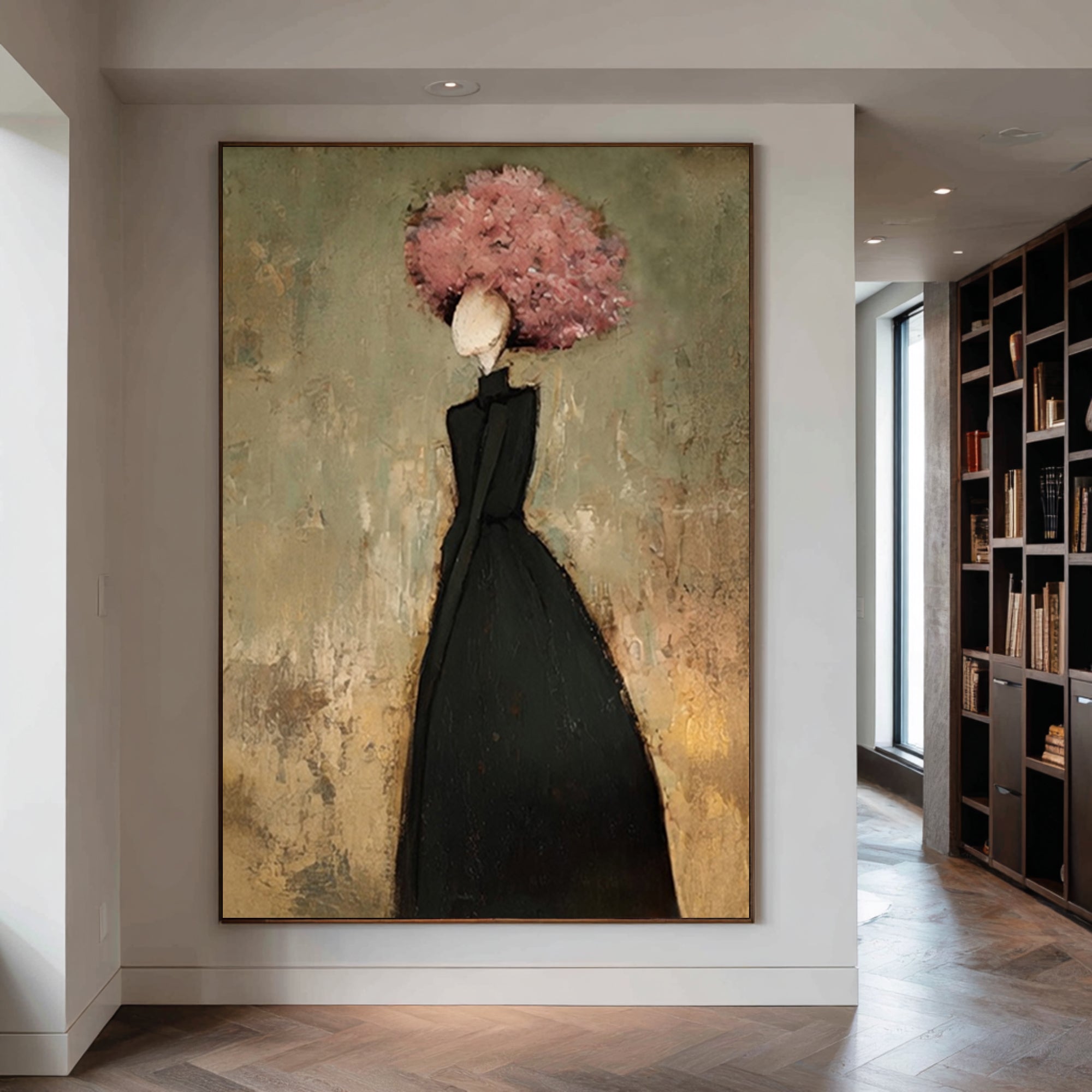 Large Woman Silhouette Wall Art Floral Oil Painting Modern Abstract Black Dress Contemporary Interior Decor