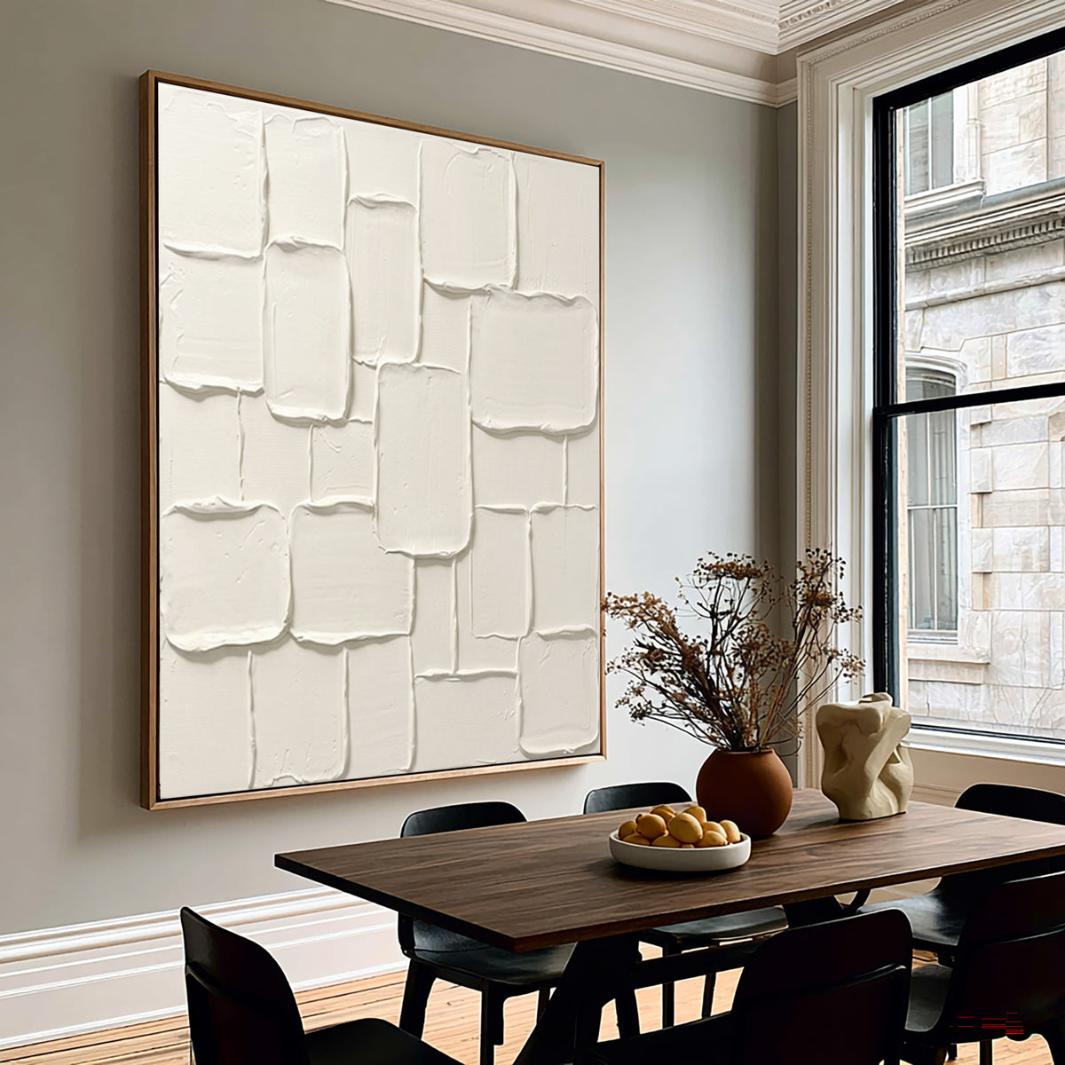 Large Ivory Modern Plaster Collage Wall Art Neutral Abstract Oil Painting Raised Rounded Rectangles Thick Impasto Texture Contemporary Minimalist Luxury Home Decor