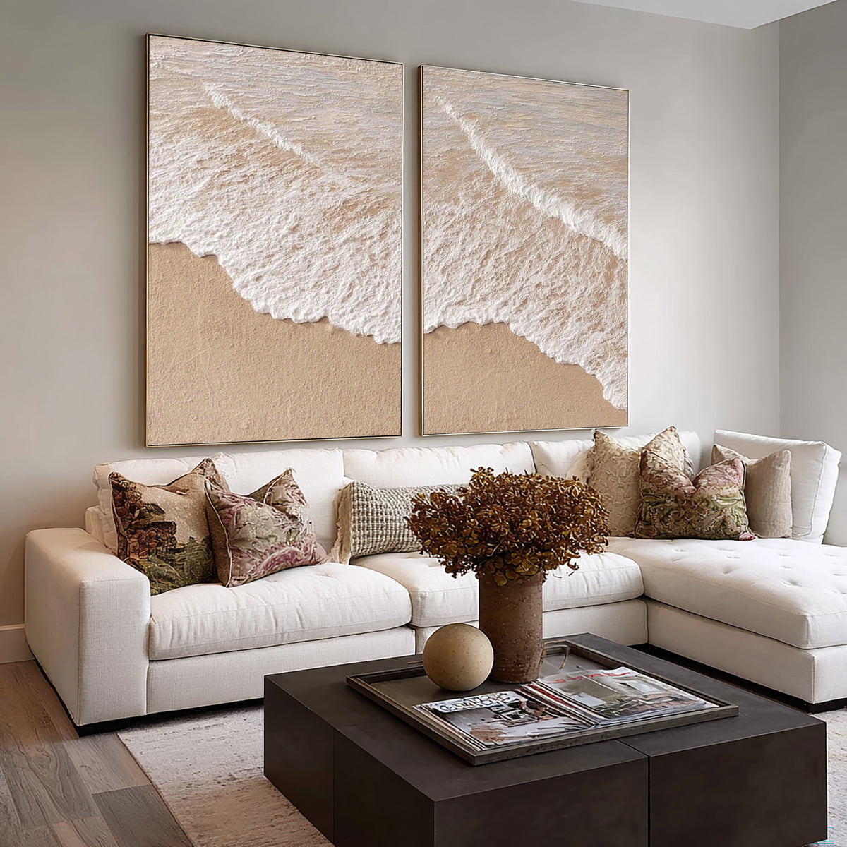 Large Textured Ocean Waves Diptych Wall Art Beige White Coastal Seascape 3D Oil Painting Minimalist Two Piece Canvas Modern Home Decor