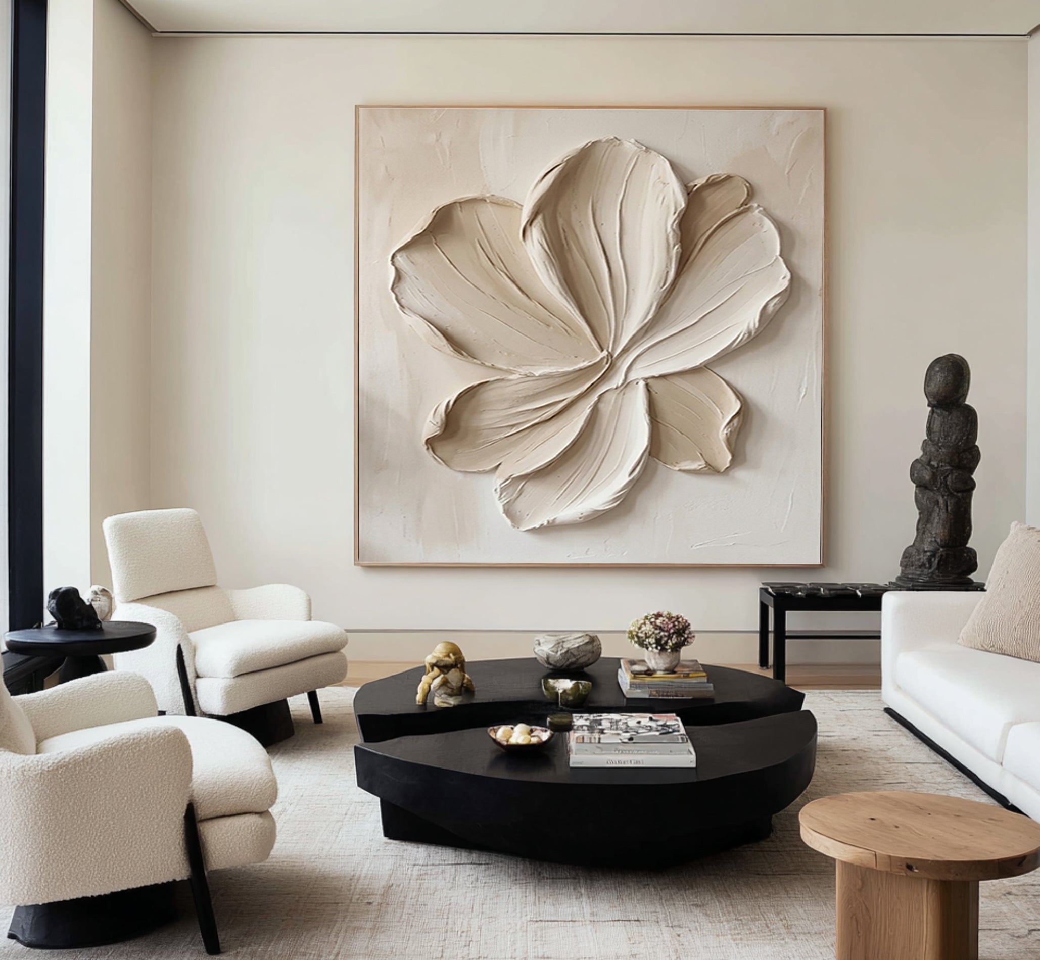 Large Cream Textured Flower Canvas Art Modern Wall Decor