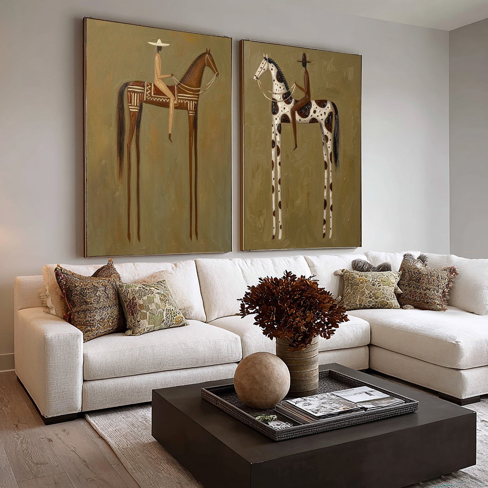 Large Cowboy Horse Wall Art Modern Western Heritage Diptych Canvas