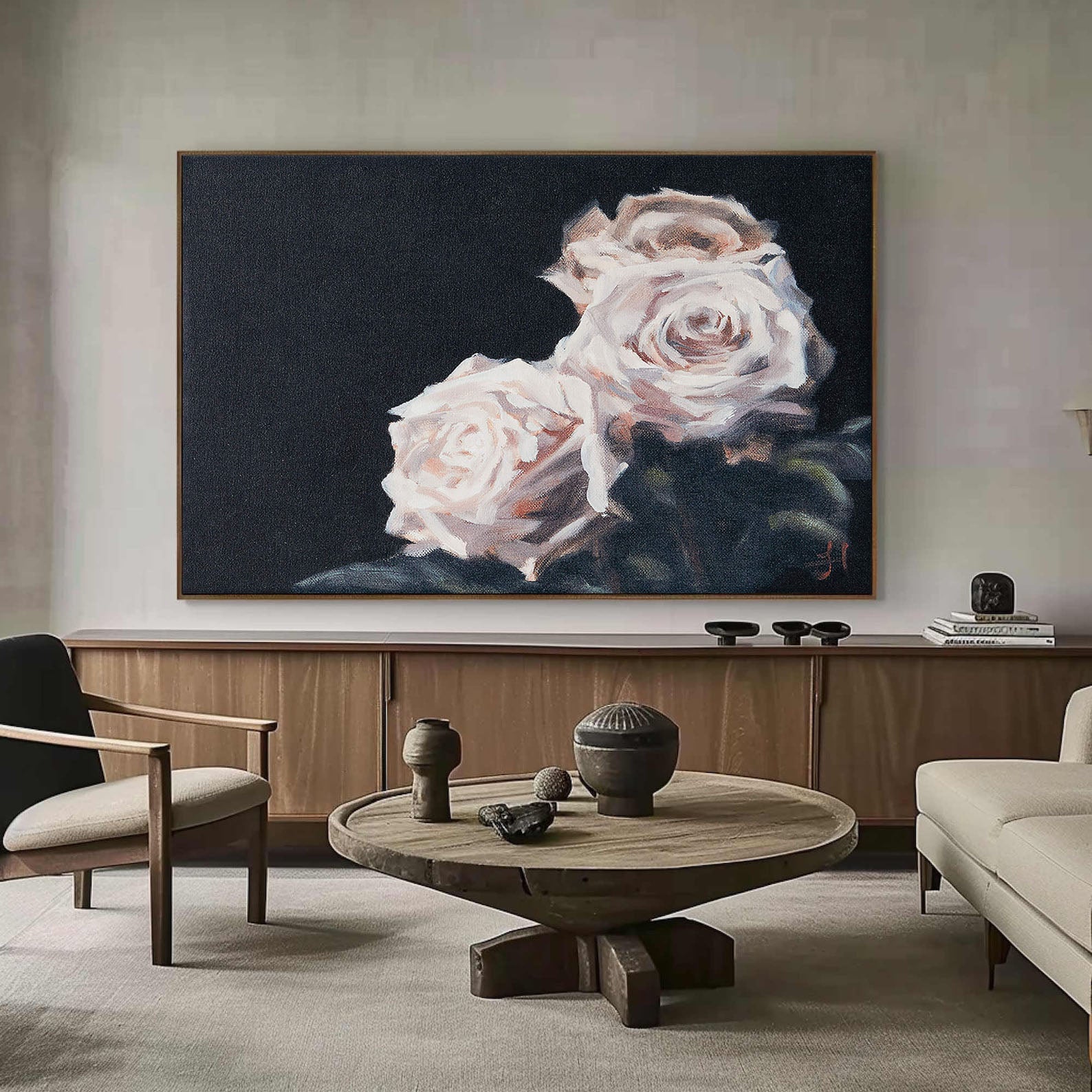 Soft Roses Against Deep Black, Contemporary Floral Expression #MM374