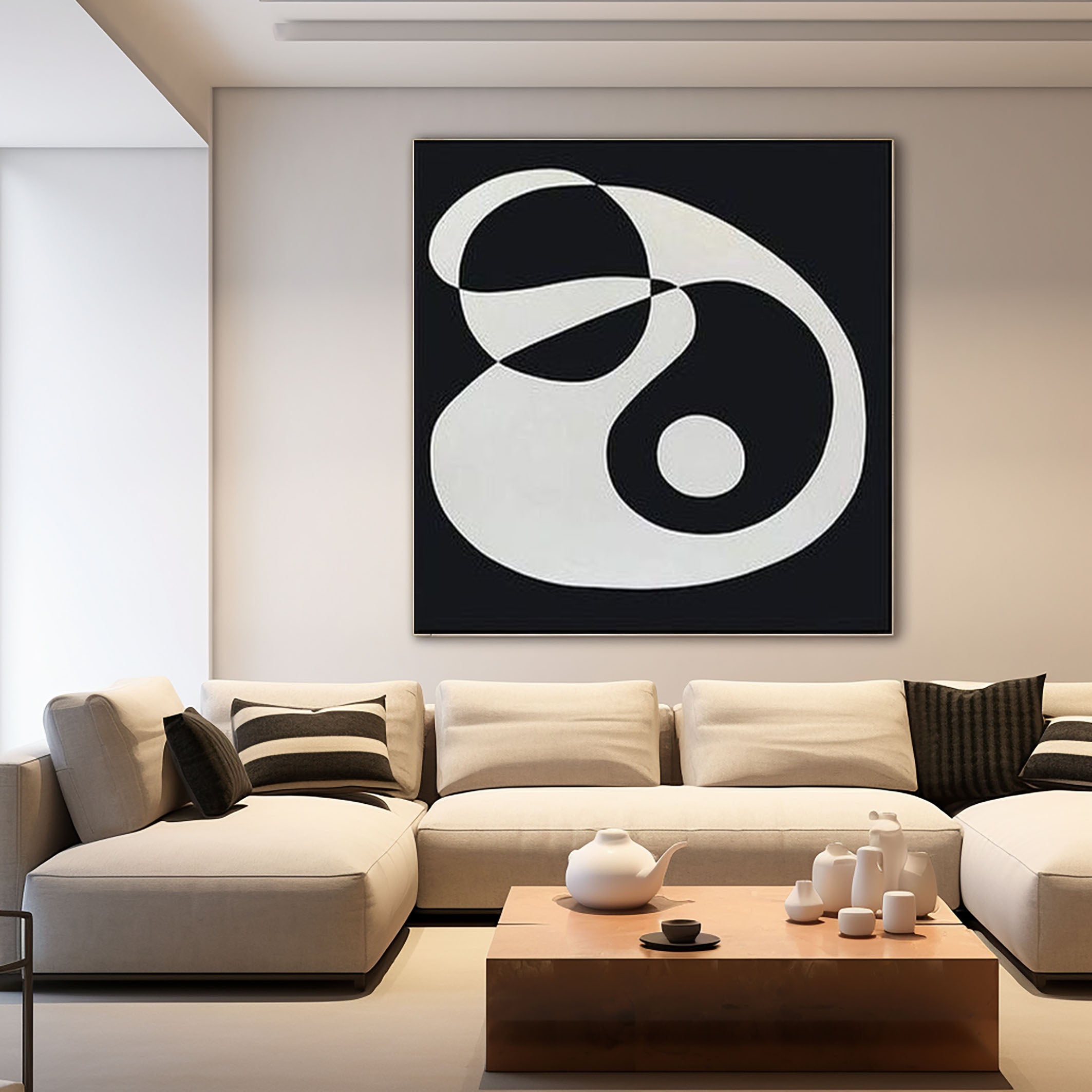 Monochrome Fluidity Modern Black & White Circular Art #MM079