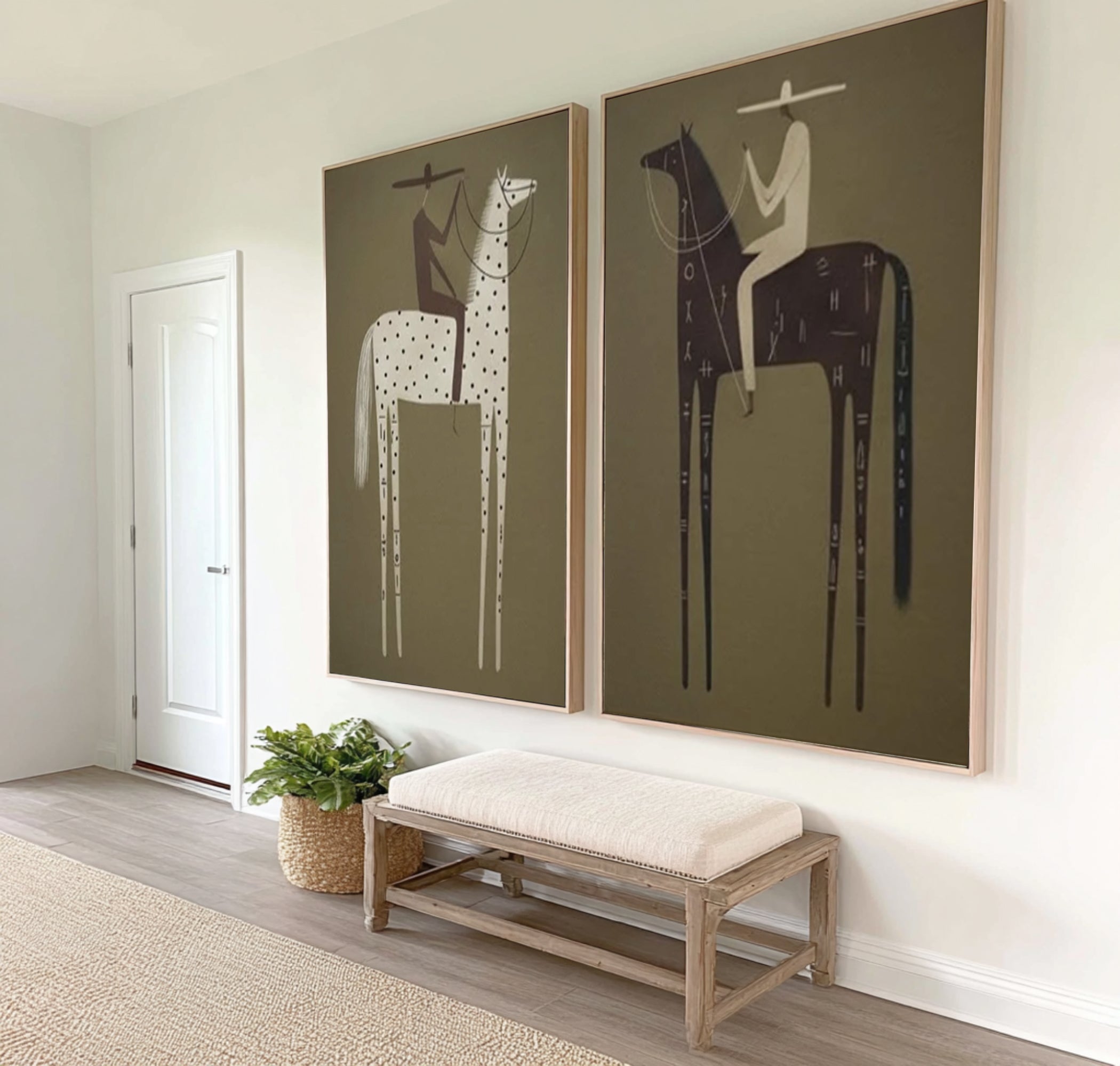 Large Folk Art Horse Paintings Contemporary Minimalist Diptych