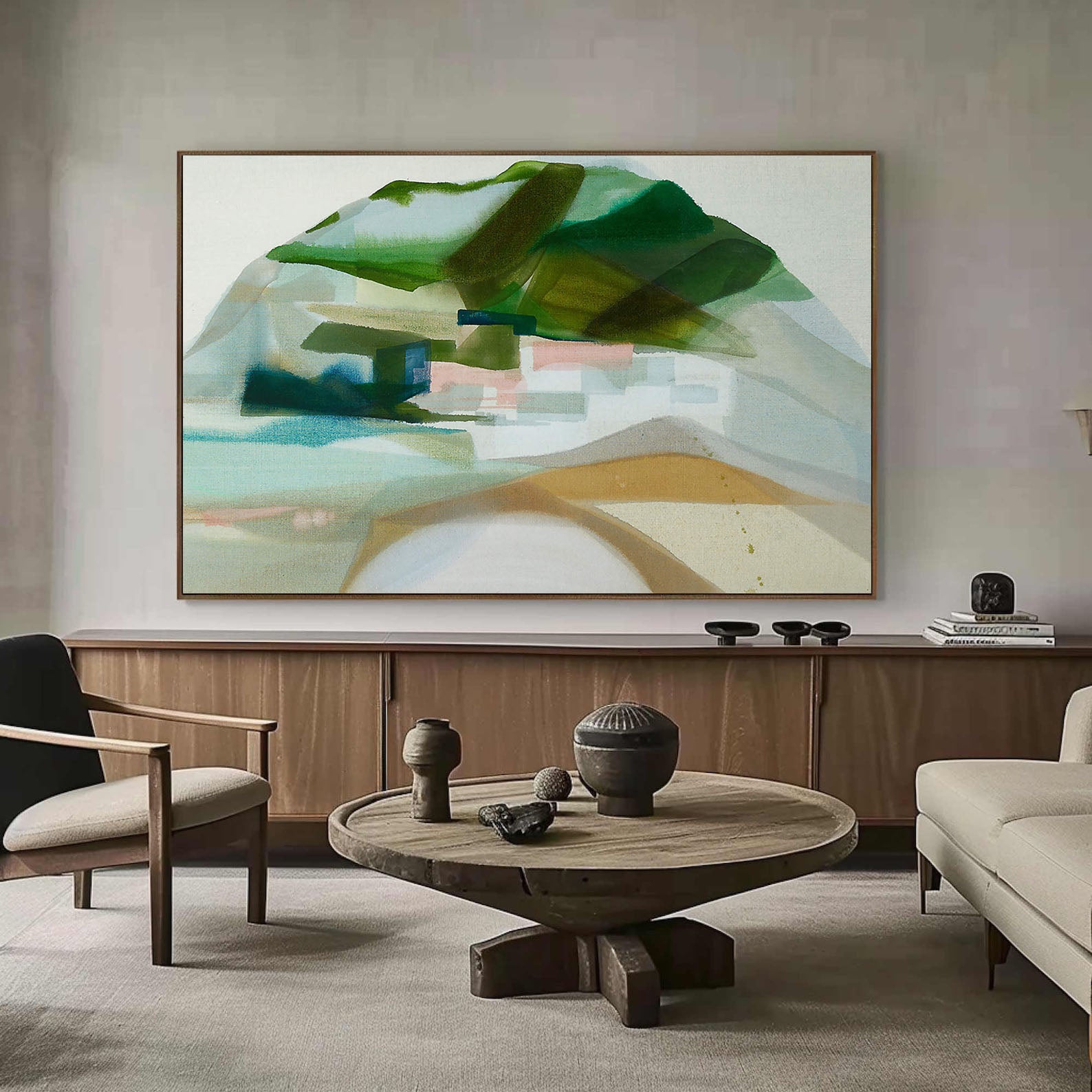 Large Muted Green and Beige Landscape Abstract Wall Art #MM370