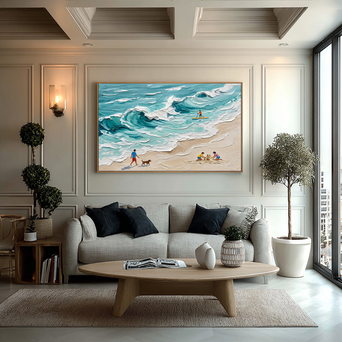 Large Textured Oil Painting Family Beach Scene Turquoise Ocean Coastal Art