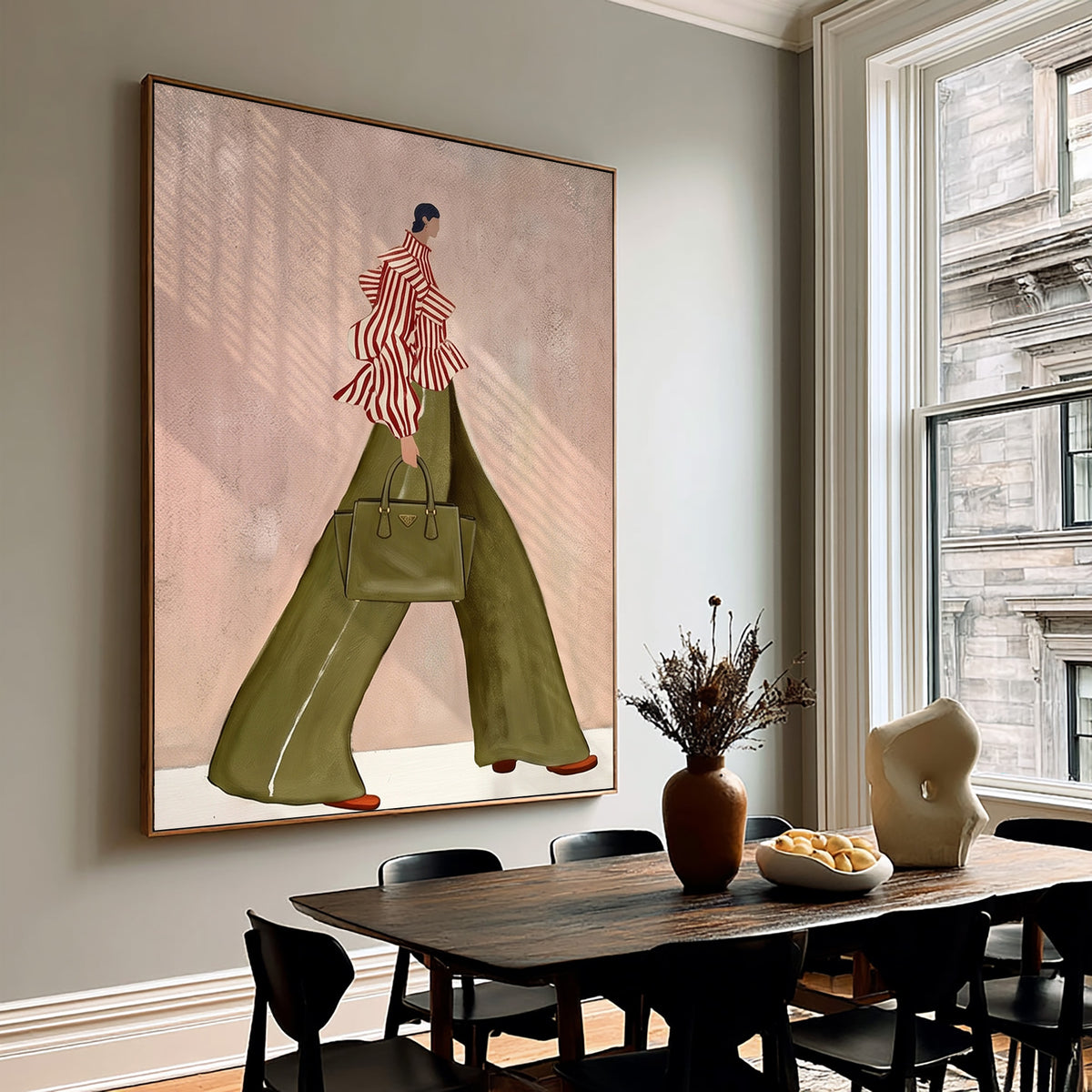 Fashion Woman Wall Art Green Pants Striped Top Hand Painted Art
