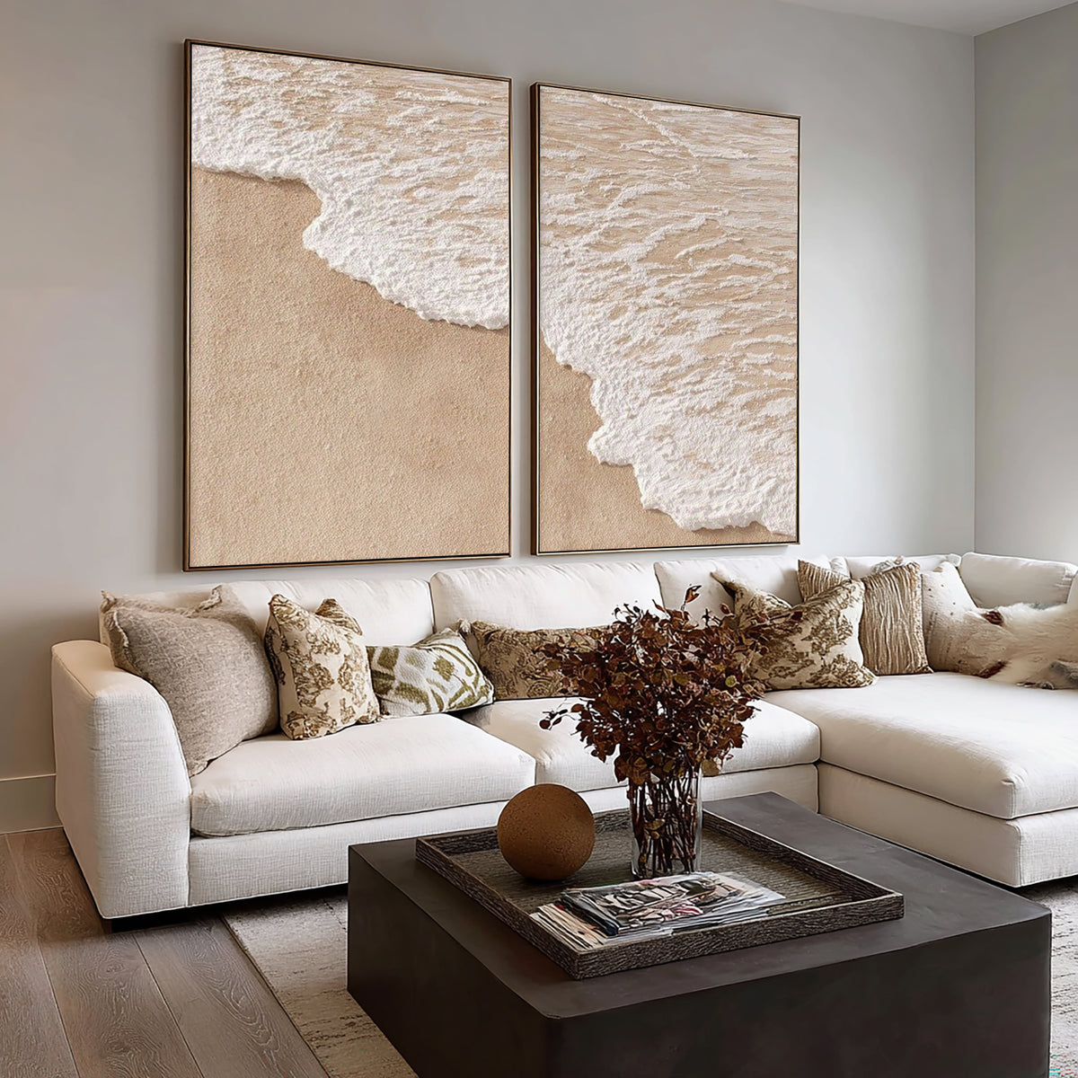 Echoes Of The Same Ocean Diptych Coastal Wall Art Textured Wave Painting Neutral Contemporary Decor